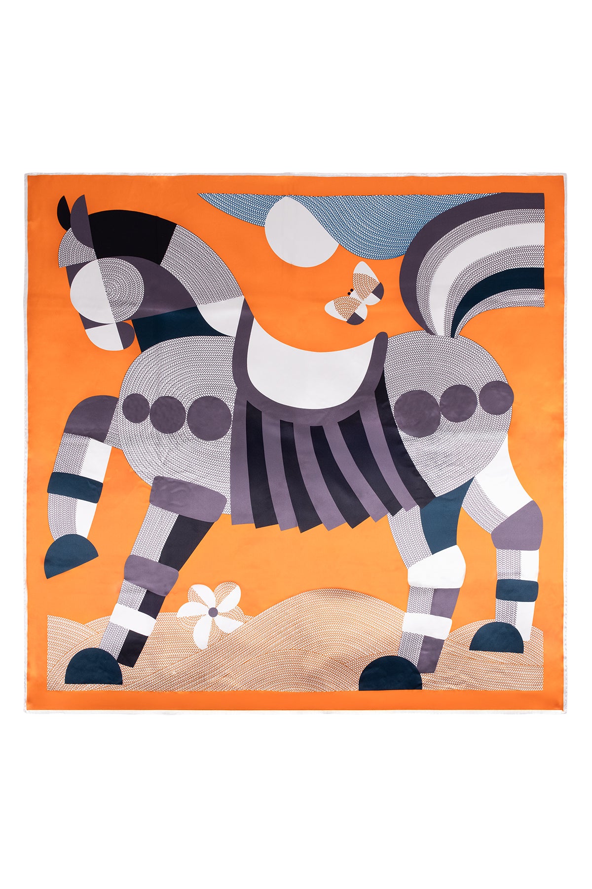 Turuncu Siyah Lina Saf İpek Baskılı Kare Eşarp 140x140