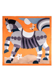 Turuncu Siyah Lina Saf İpek Baskılı Kare Eşarp 140x140