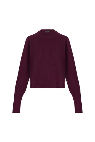 Bordo Vanessa Saf Kaşmir Yuvarlak Yaka Crop Kazak