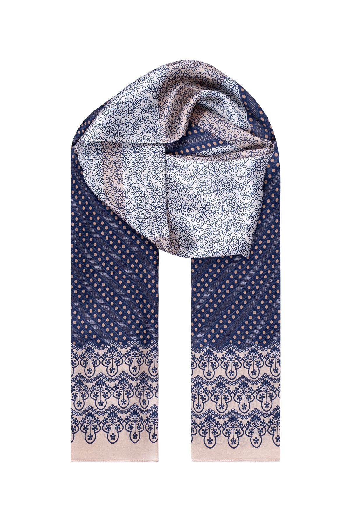 Bej Lacivert Luciana İpek Desenli Fular 55x170 cm