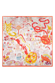 Turuncu Beyaz Lara Saf İpek Baskılı Eşarp 90x90 cm