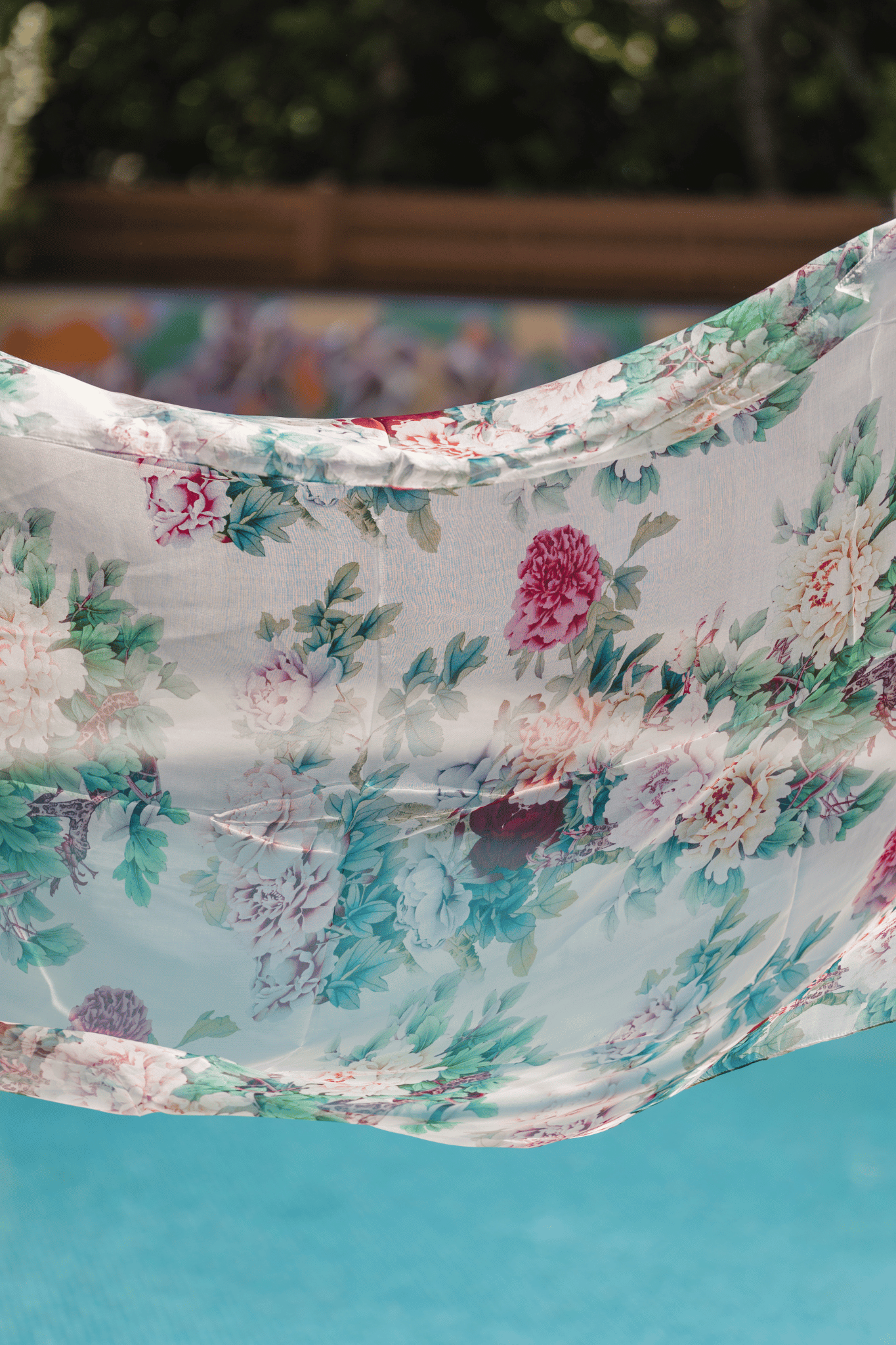 Renkli Anabel Saf İpek  Şifon Baskılı Oblong Şal 180x110