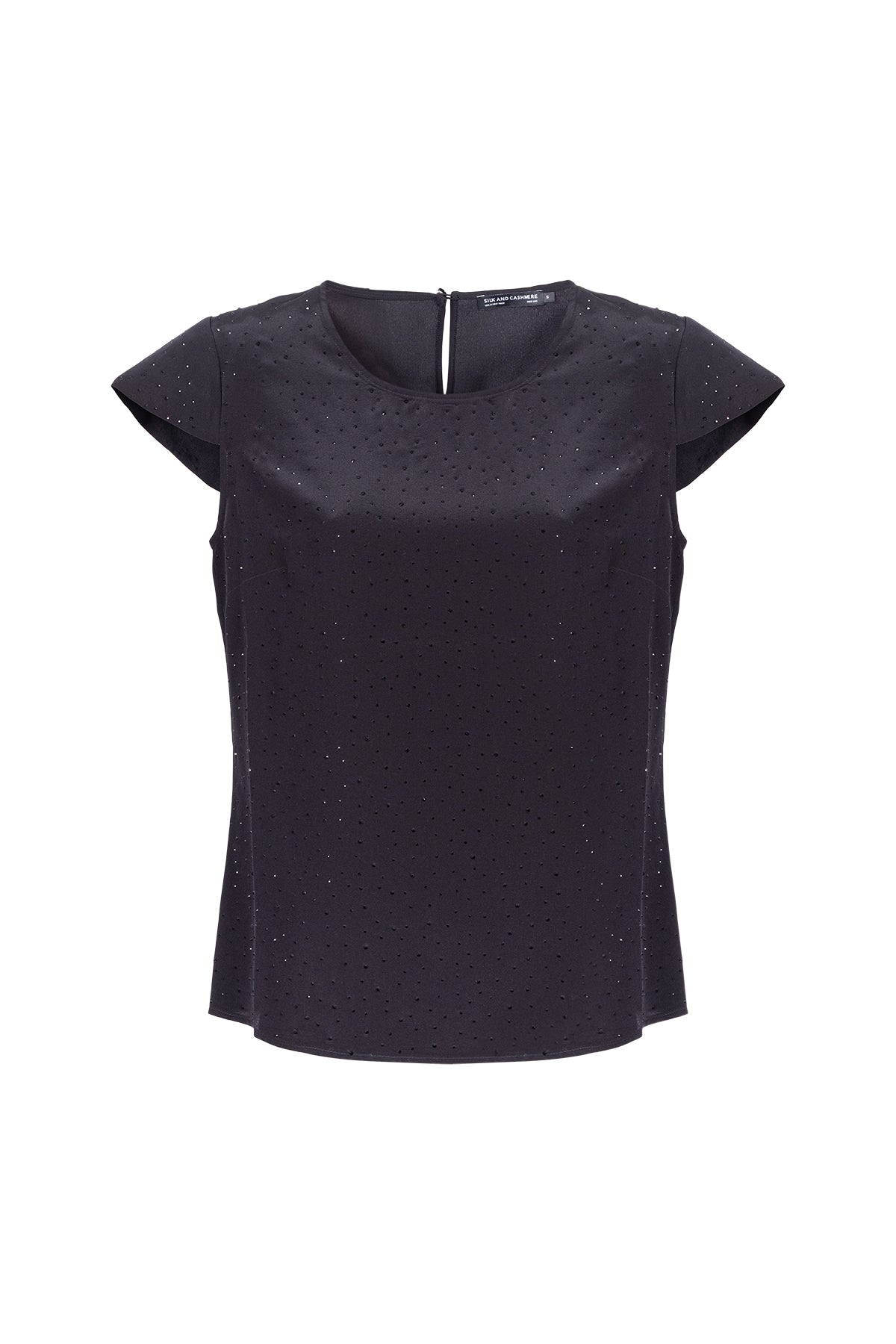 Siyah Nature Saf İpek Taş Süslemeli Yuvarlak Yaka Kısa Kollu Bluz