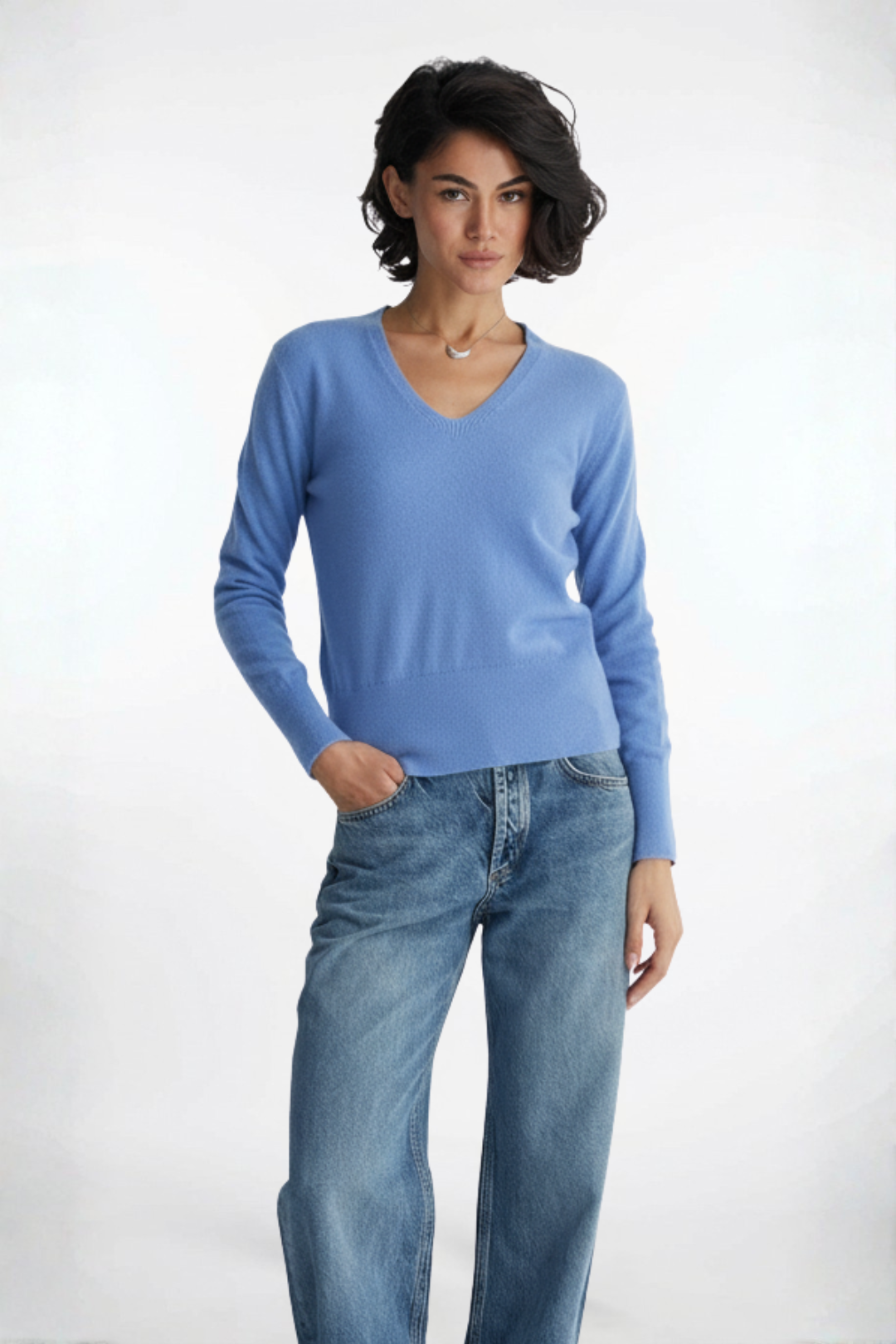 Mavi Lilly Saf Kaşmir Derin V Yaka Kazak