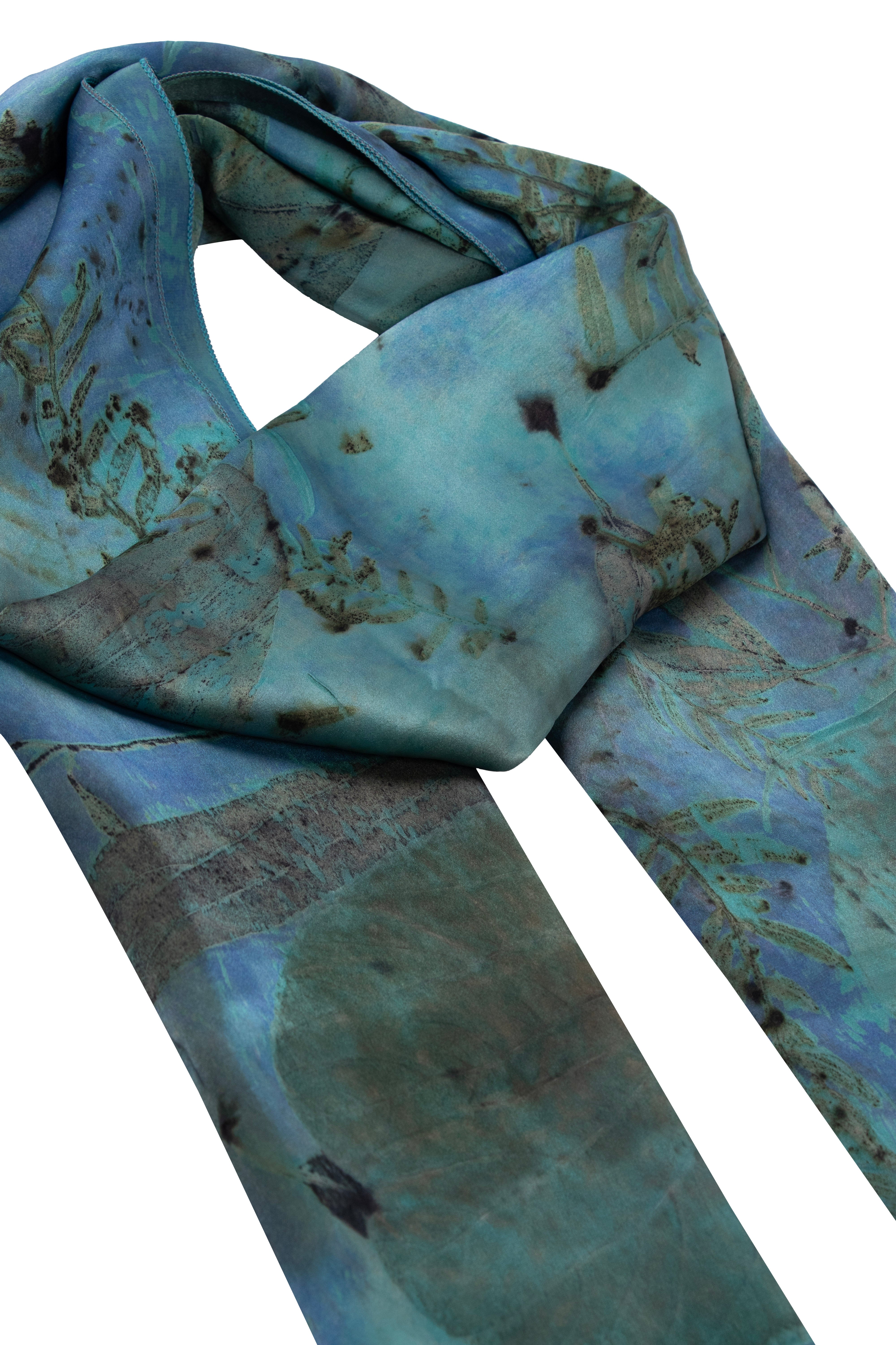 Turkuaz Saf İpek El Baskısı Ekolojik Şal 90 x 200 cm