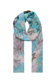 Açık Mavi Saf İpek El Baskısı Ekolojik Şal 90 x 200 cm