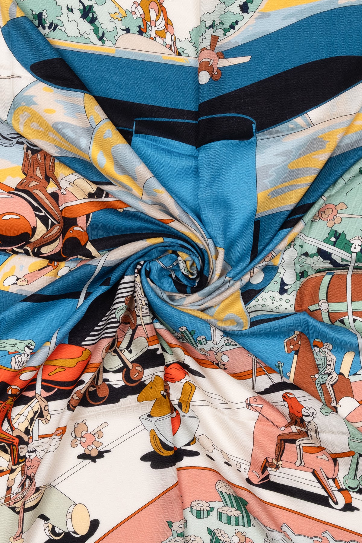 Mavi Turuncu Linda Saf Kaşmir Baskılı Eşarp 140x140 cm