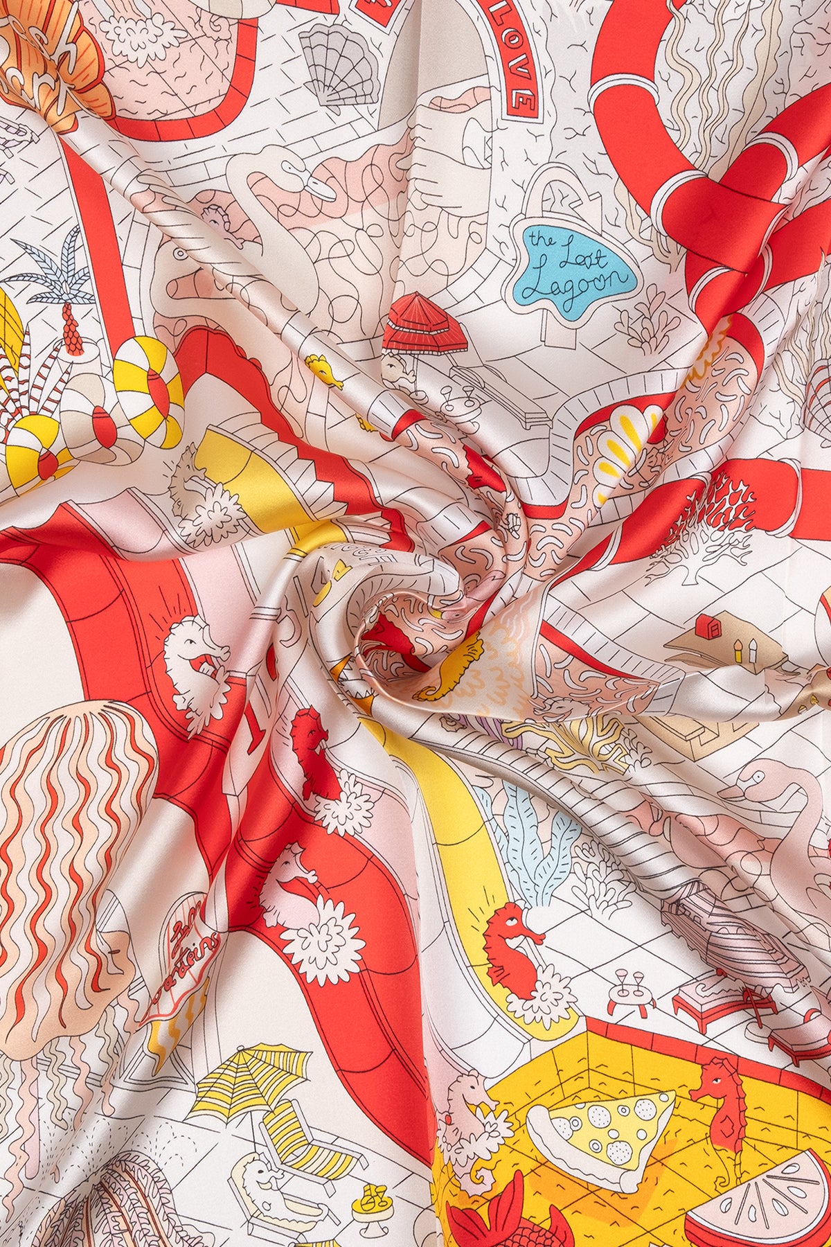 Turuncu Beyaz Lara Saf İpek Baskılı Eşarp 90x90 cm