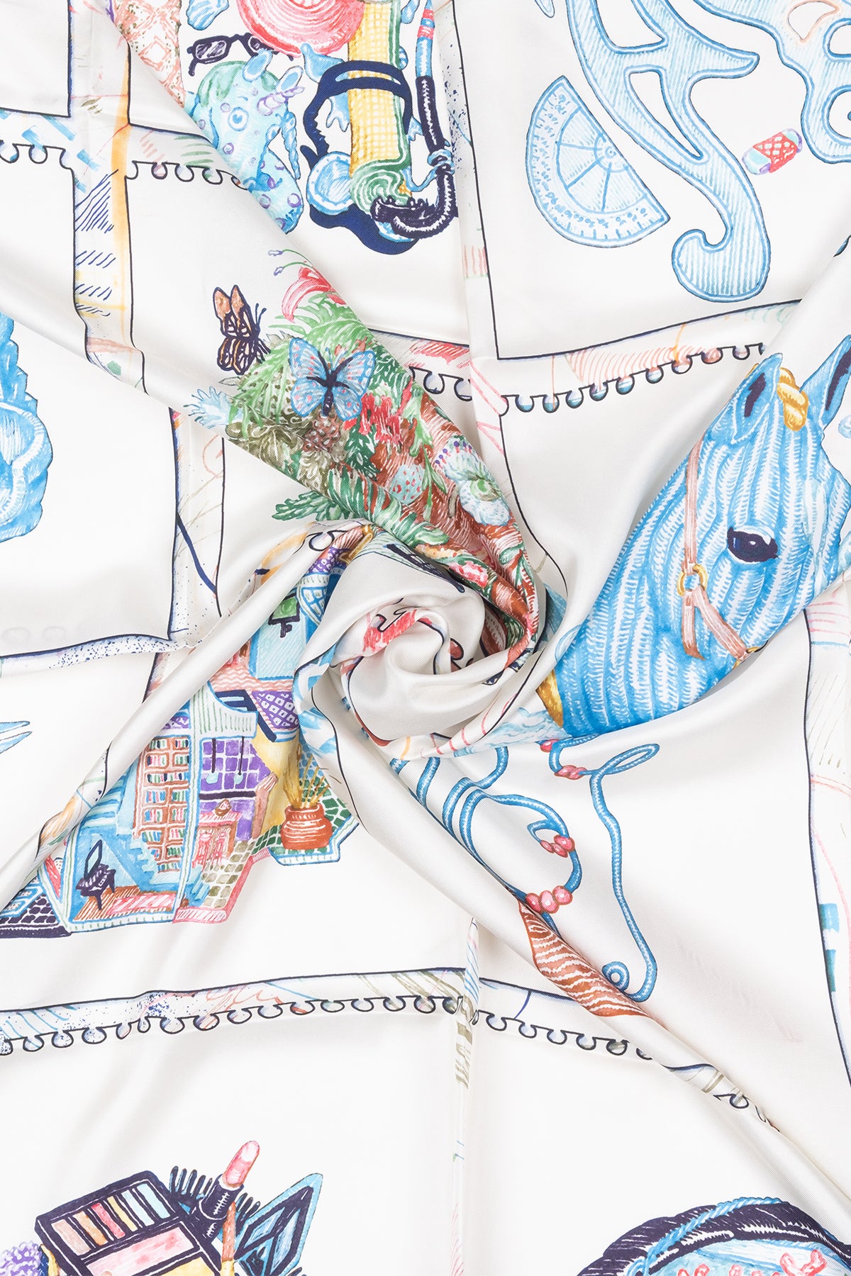 Beyaz Lina Saf İpek Baskılı Şal 140x140cm