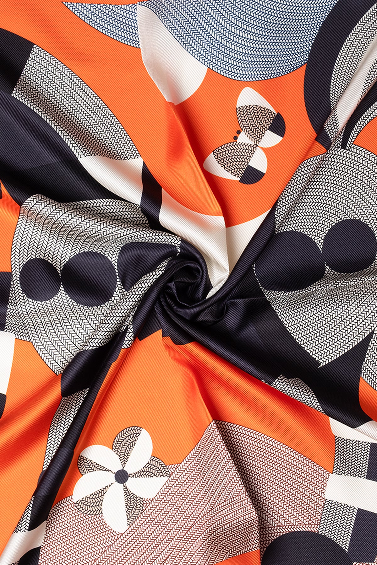 Turuncu Siyah Lena Saf İpek Eşarp 70x70 cm