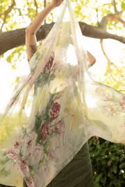 Sarı Anabel Saf İpek  Şifon Baskılı Oblong Şal 180x110