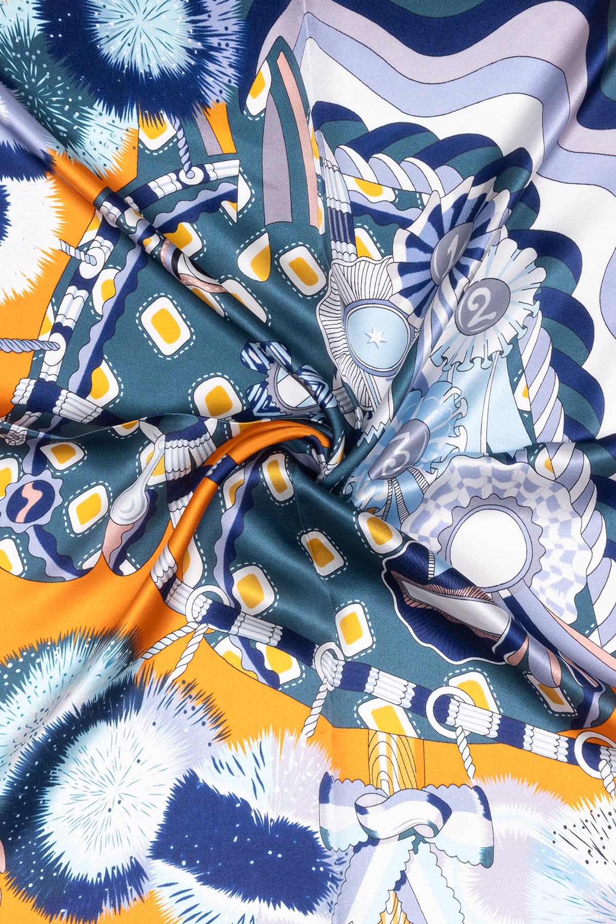 Turuncu Mavi Lena Saf İpek Eşarp 70x70 cm