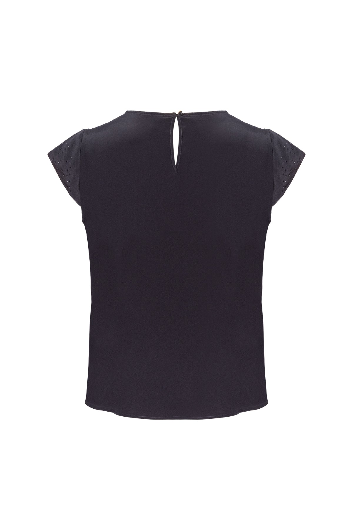 Siyah Nature Saf İpek Taş Süslemeli Yuvarlak Yaka Kısa Kollu Bluz