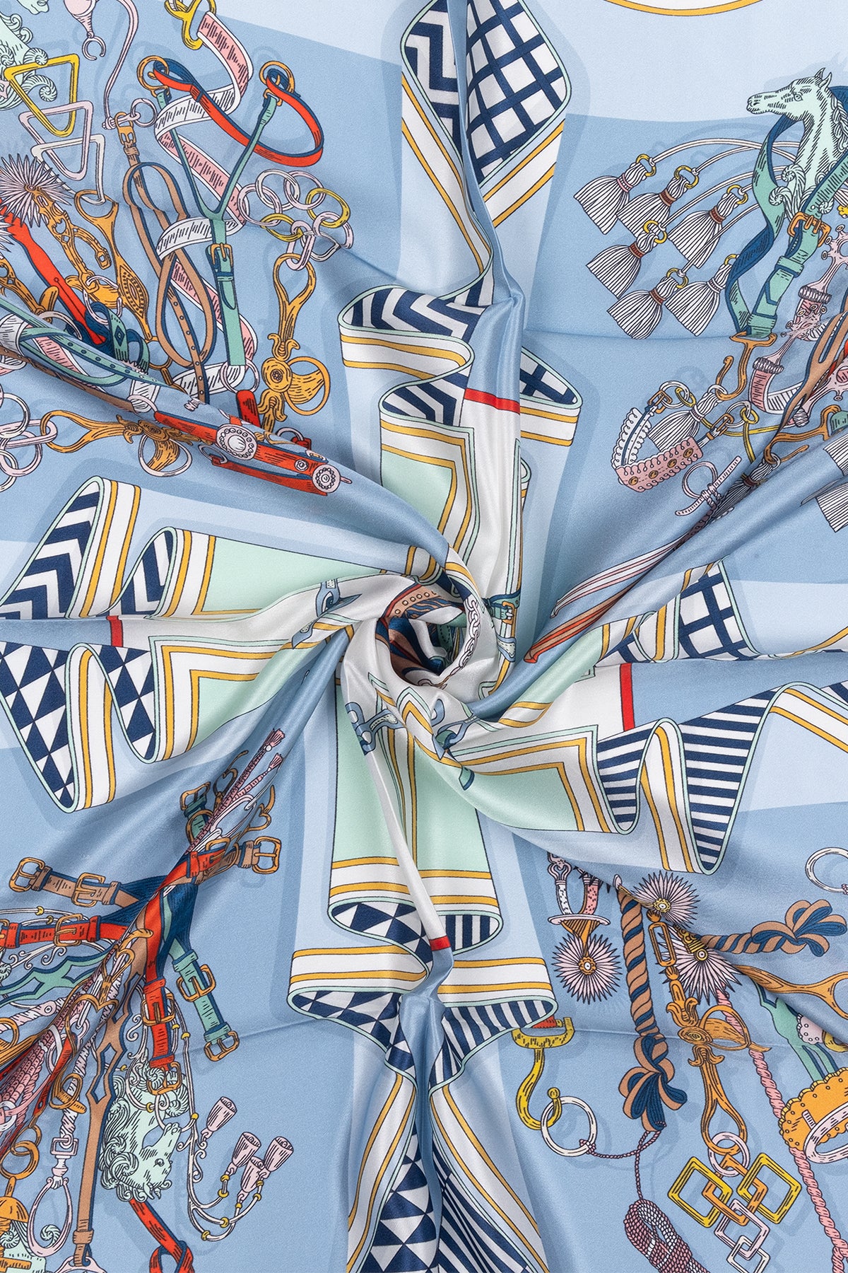 Mavi Bej Lara Saf İpek Baskılı Eşarp 90x90 cm