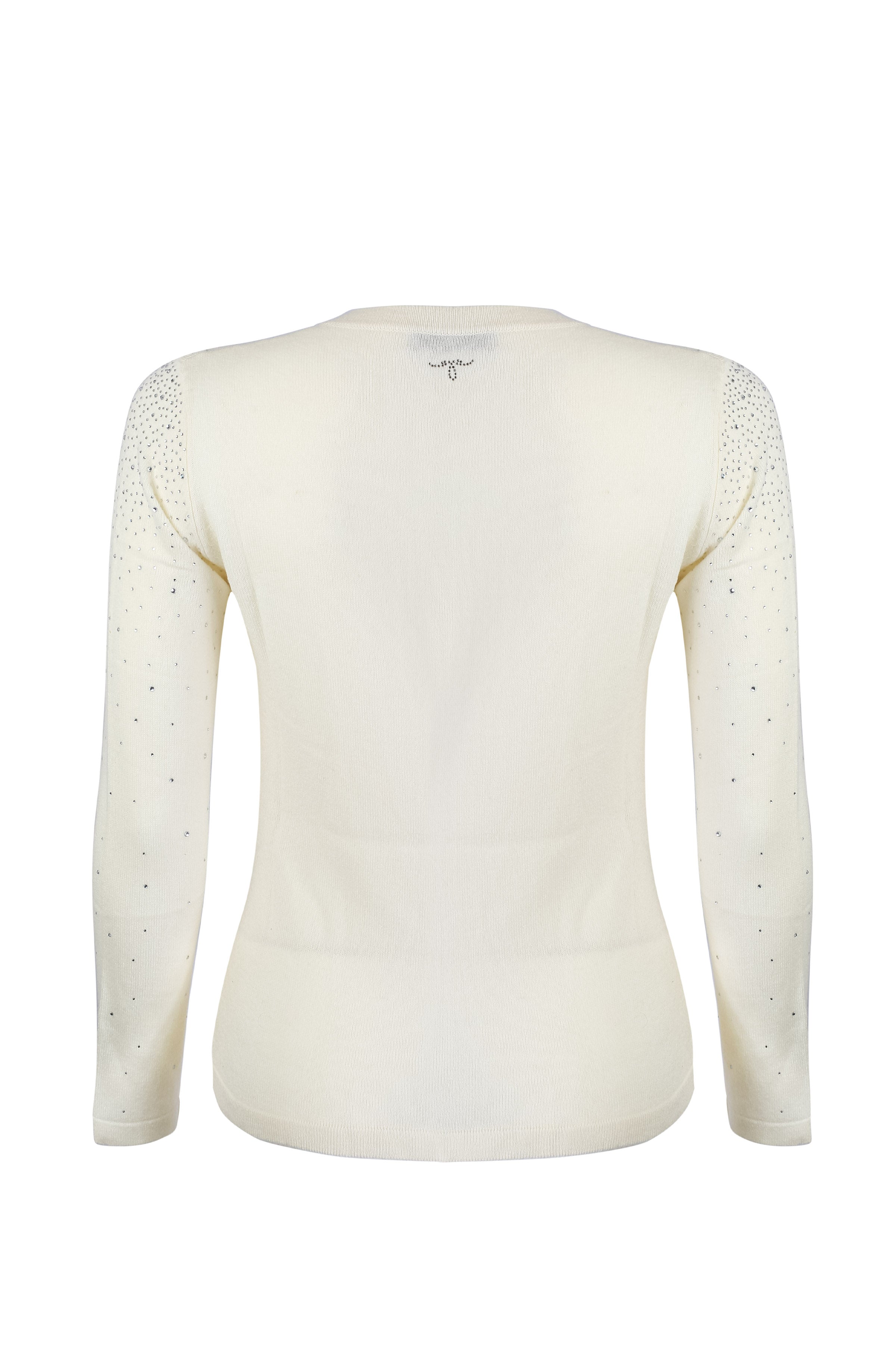 Ekru Kaşmir Yün Merril Yuvarlak Yaka Taş Süs Detaylı Hırka