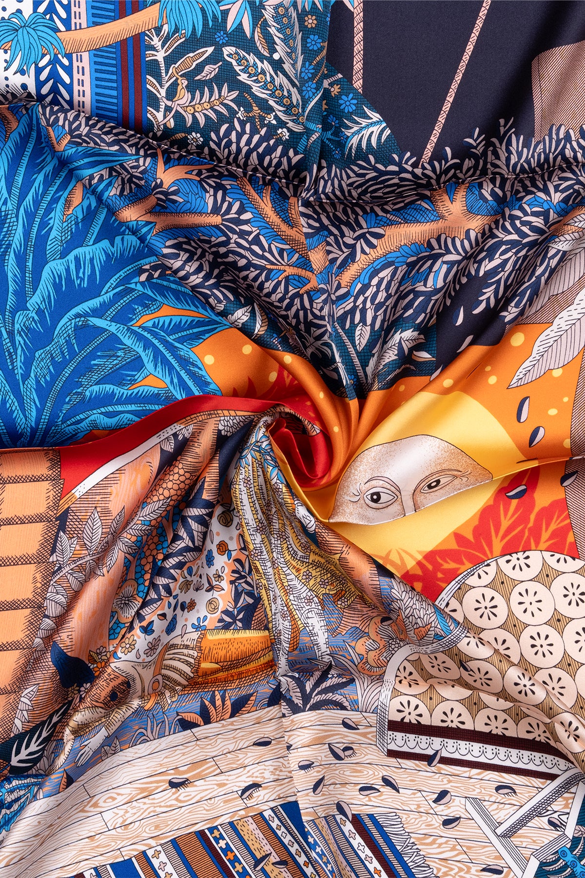 Turuncu Mavi Lara Saf İpek Desenli Kare Eşarp 90x90 cm