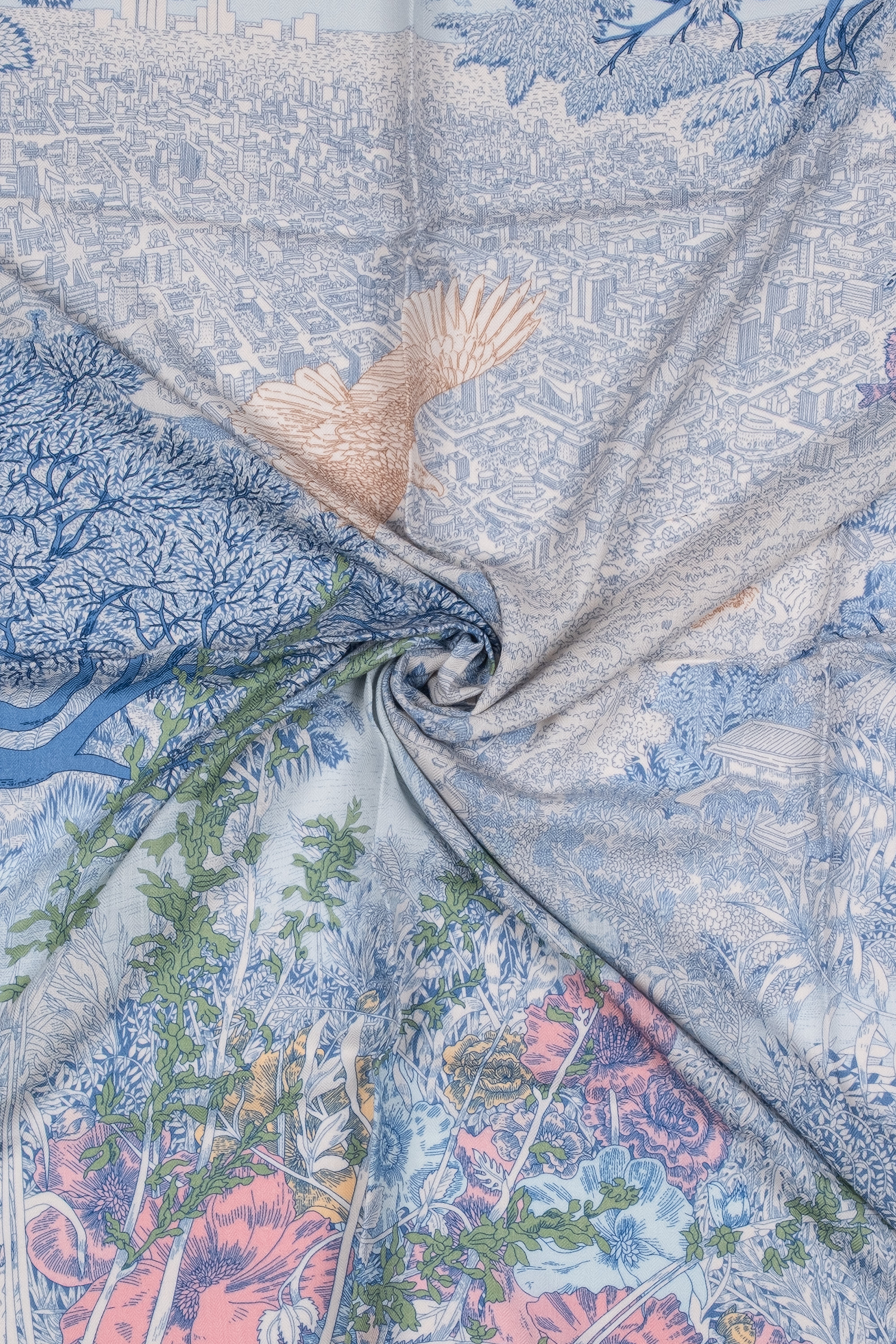 Turuncu Mavi Linda Saf Kaşmir Desenli Kare Eşarp 140x140 cm