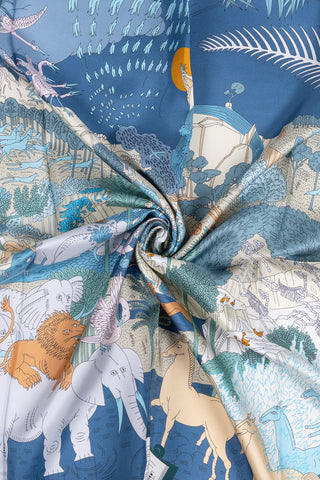 Turuncu Mavi Lara Saf İpek Baskılı Eşarp 90x90 cm