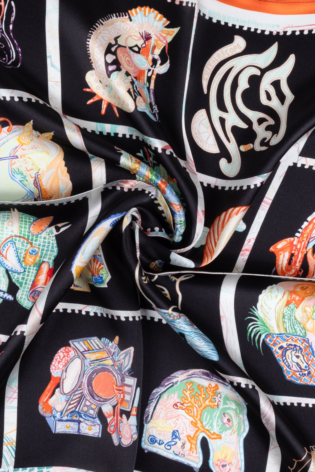 Siyah Turuncu Laila Saf İpek Kare Eşarp 50x50 cm