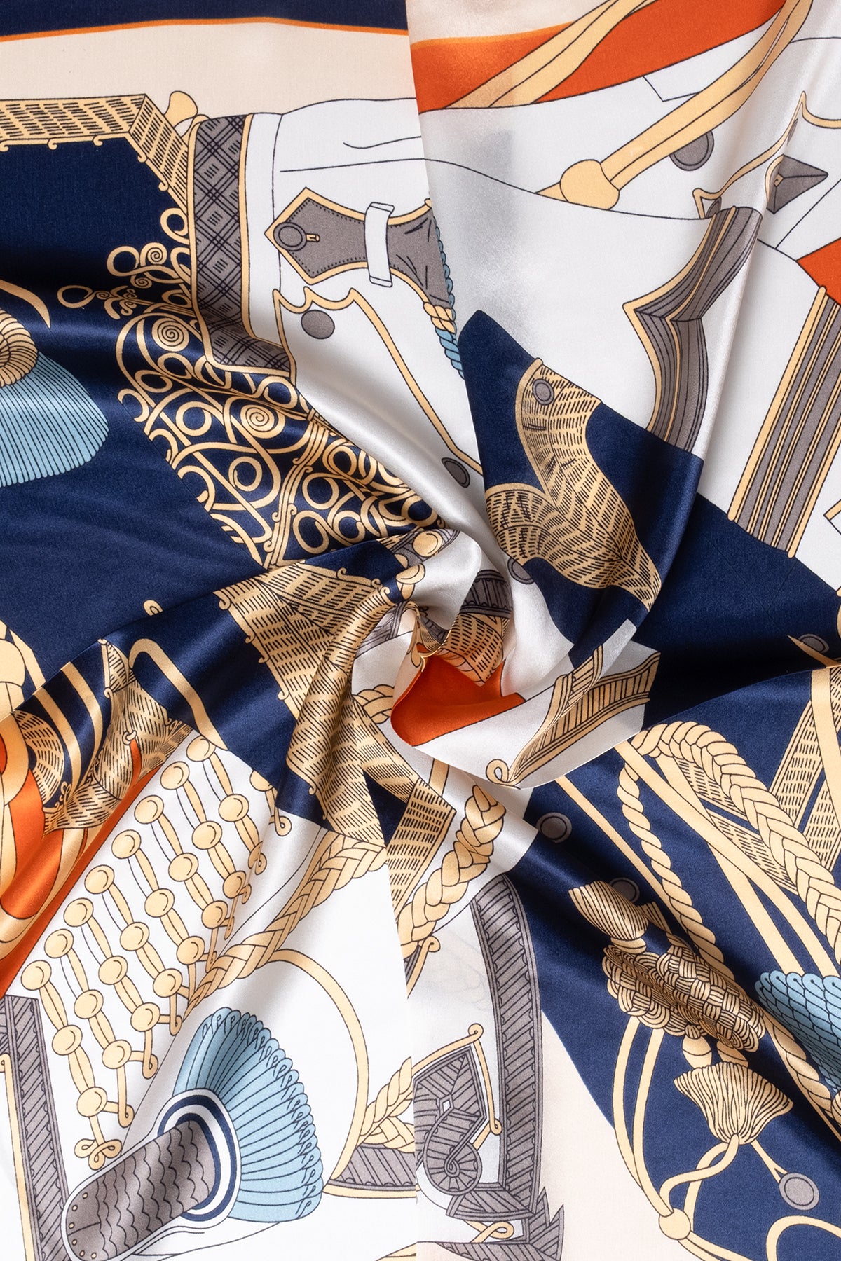 Turuncu Lacivert Lena Saf İpek Eşarp 70x70 cm