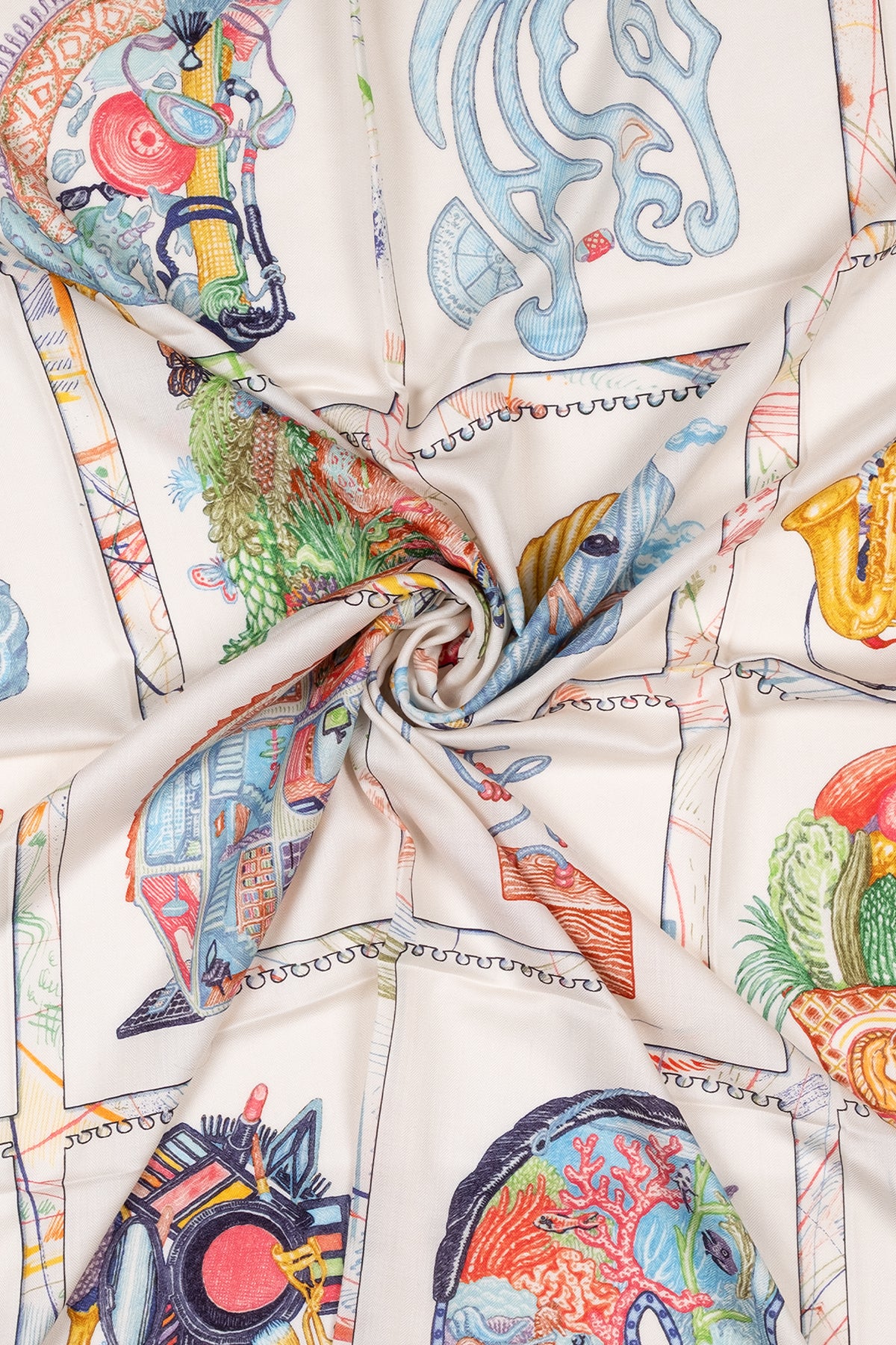 Beyaz Açık Mavi Linda Kaşmir Desenli Kare Eşarp 140x140  cm