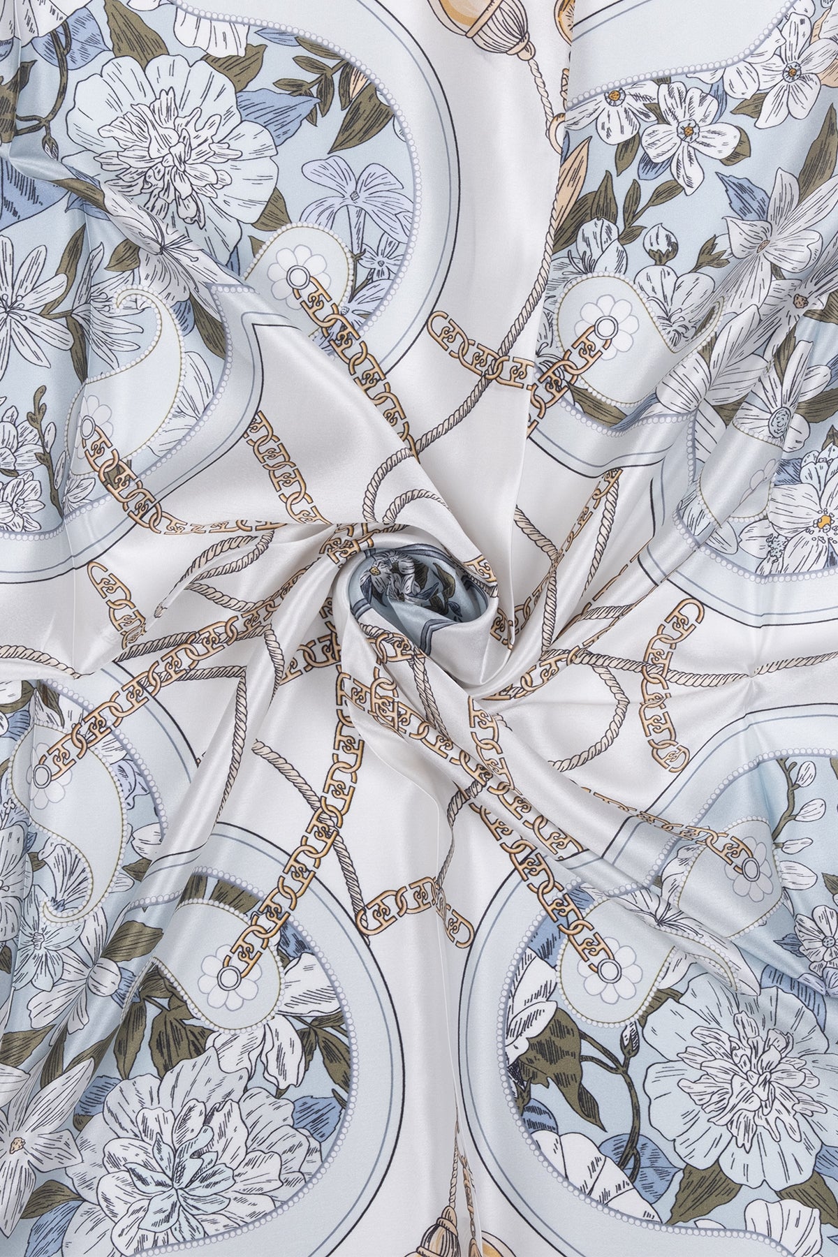 Mavi Ekru Lara Saf İpek Baskılı Eşarp 90x90 cm