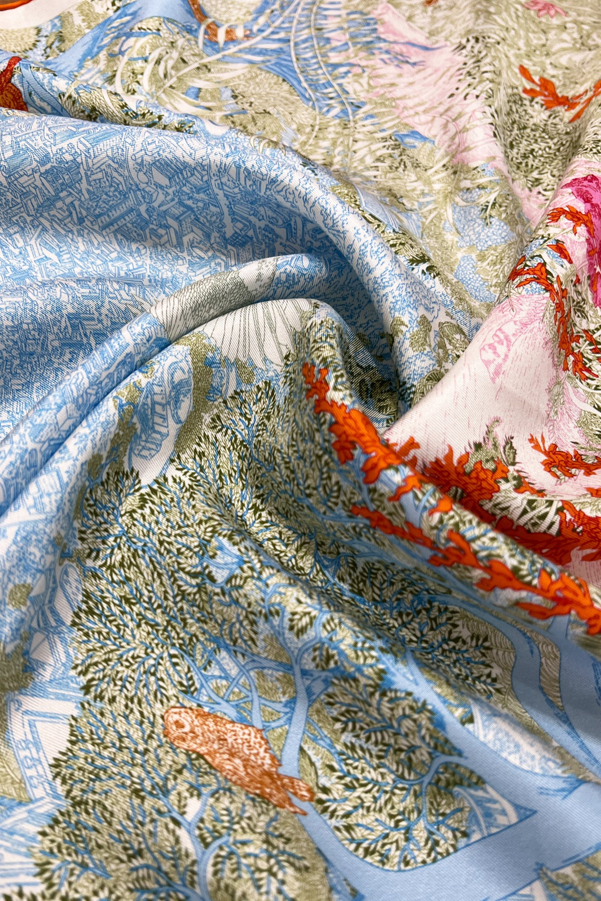 Turuncu Lara Saf İpek Roma Çift Taraflı Eşarp 90x90 cm