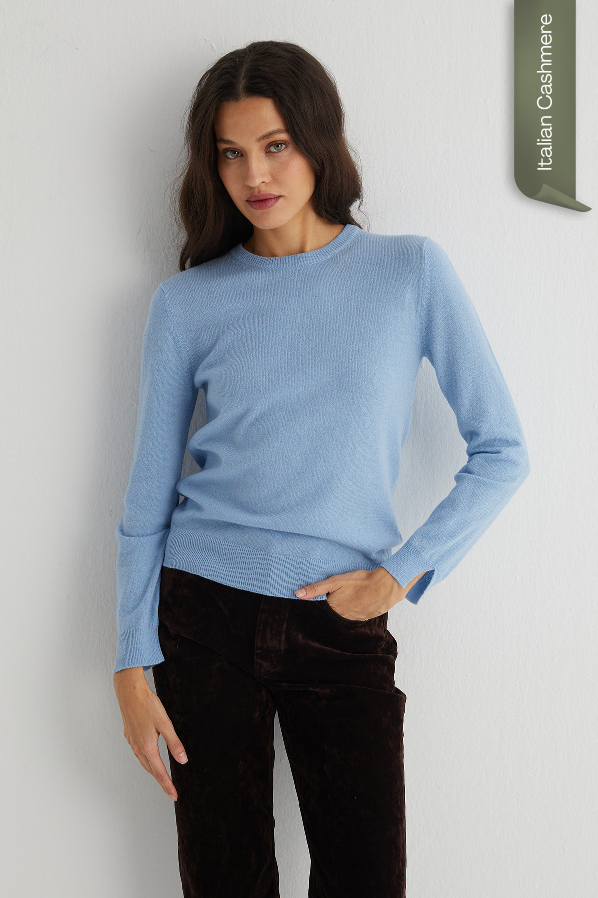 Açık Mavi Franca Saf Kaşmir Bisiklet Yaka Kazak