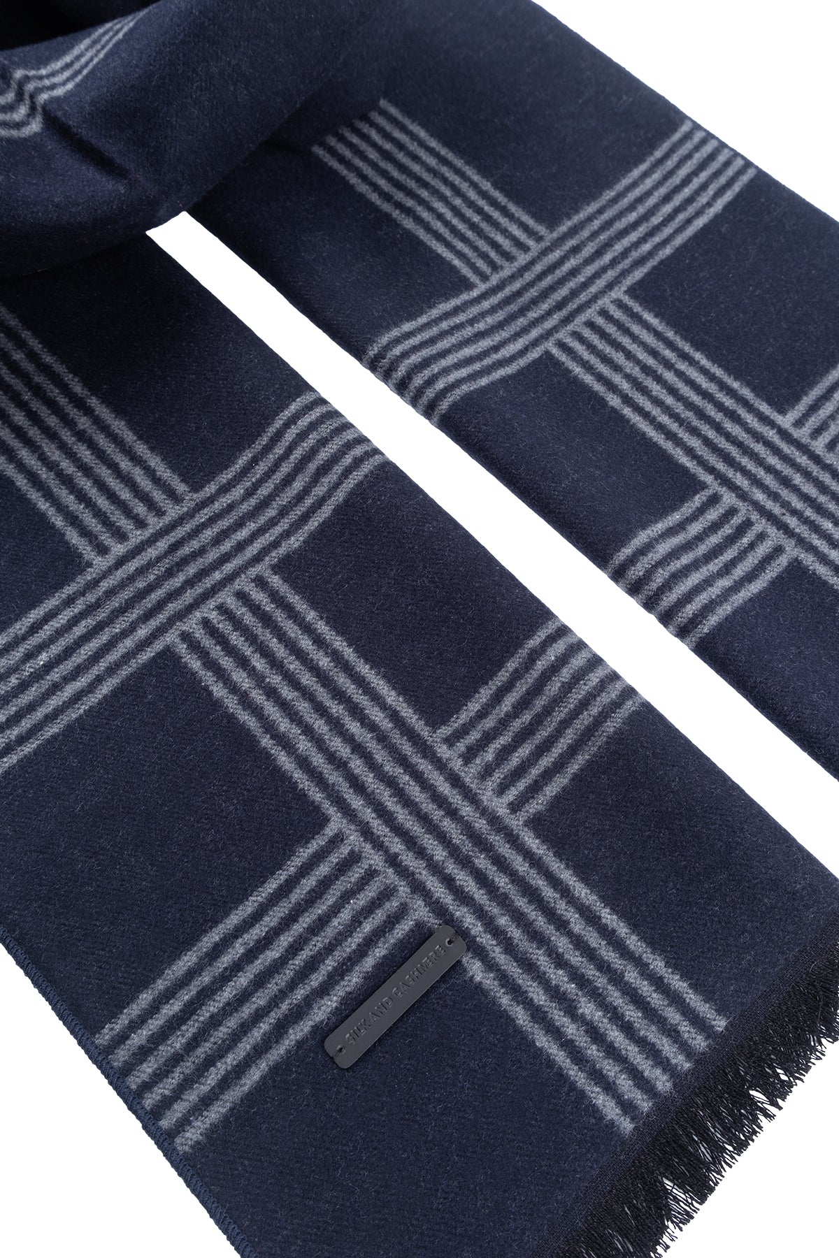 Lacivert Lotus Saf İpek Desenli Atkı 30*177+2cm