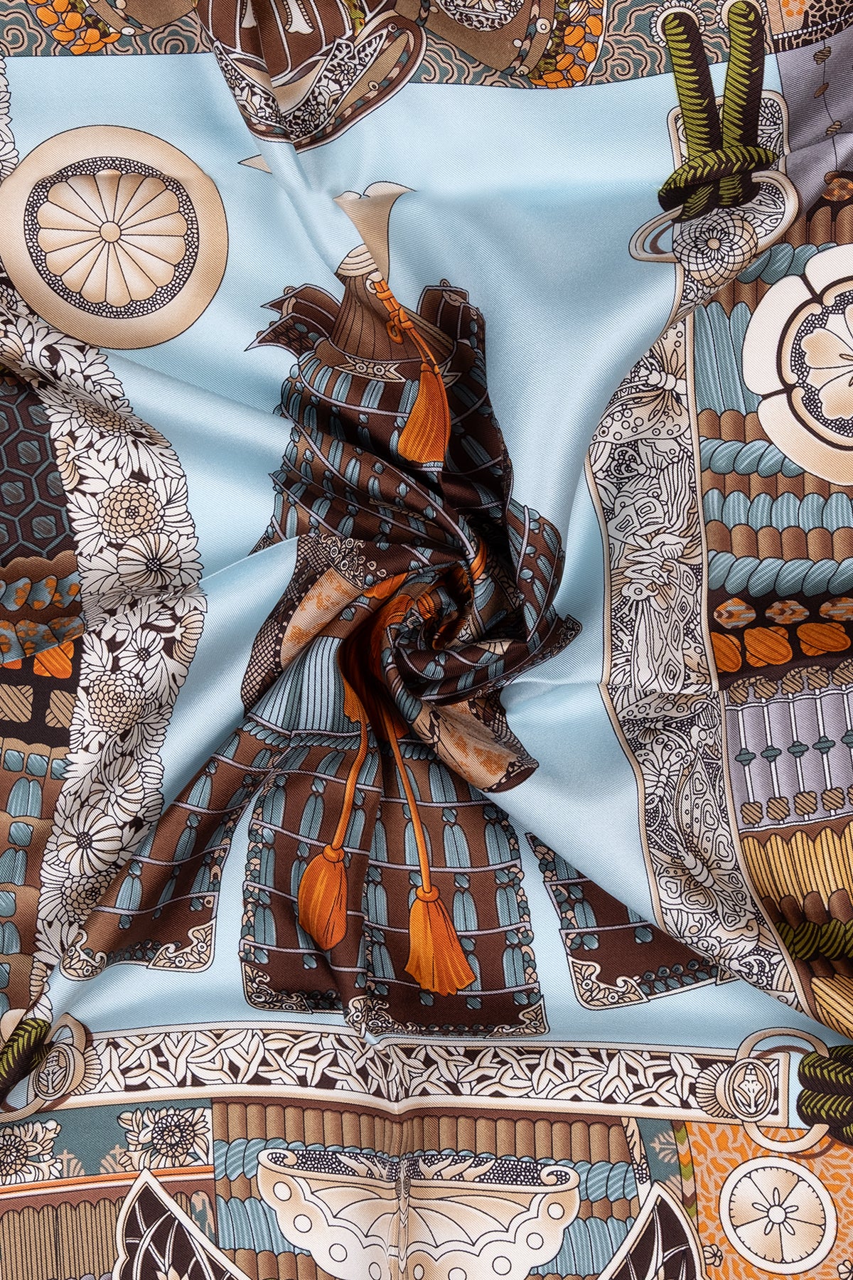 Mavi Camel Lara Saf İpek Desenli Kare Eşarp 90x90 cm