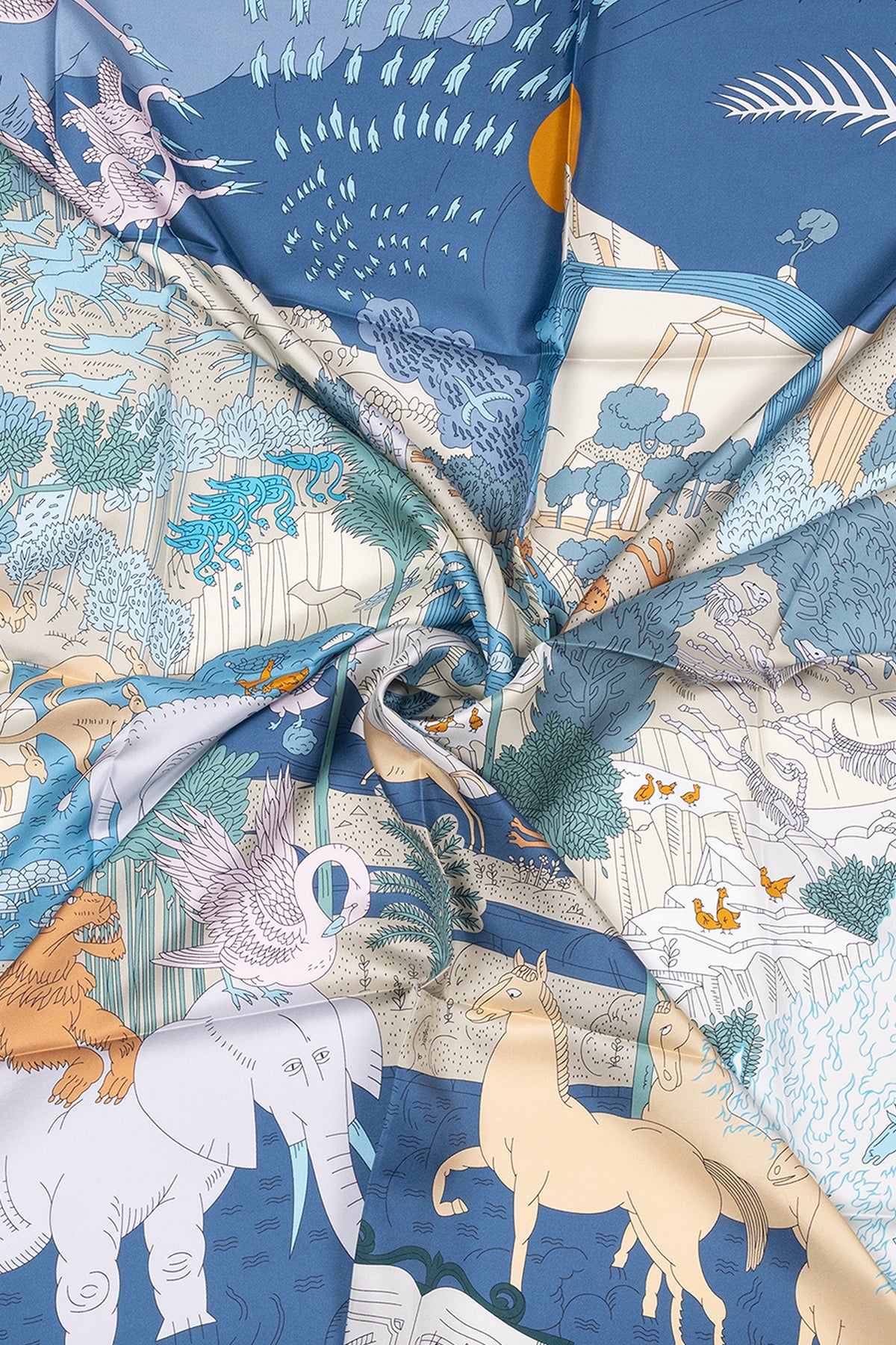 Mavi Camel Lina Saf İpek Baskılı Şal 140x140cm