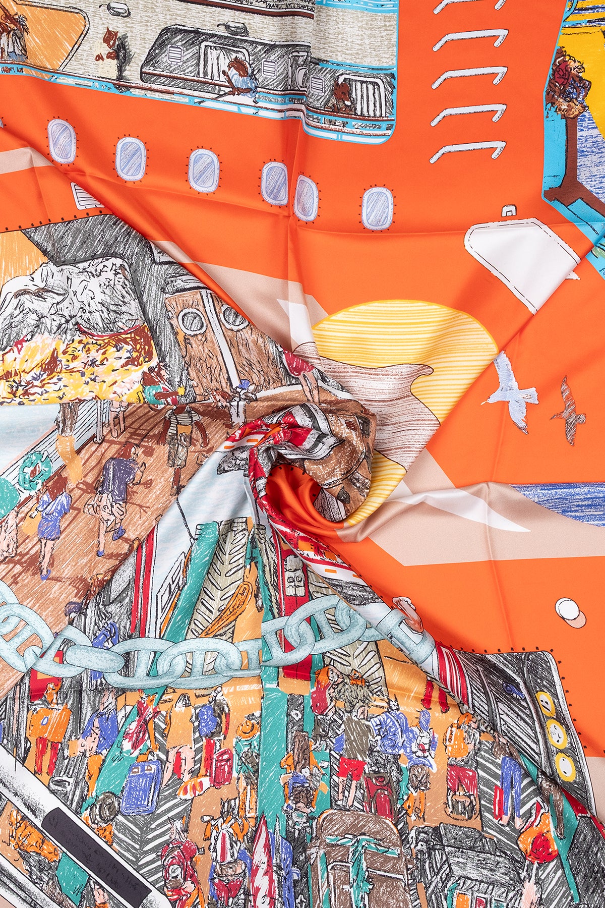 Turuncu Mavi Lina Saf İpek Baskılı Şal 140x140cm