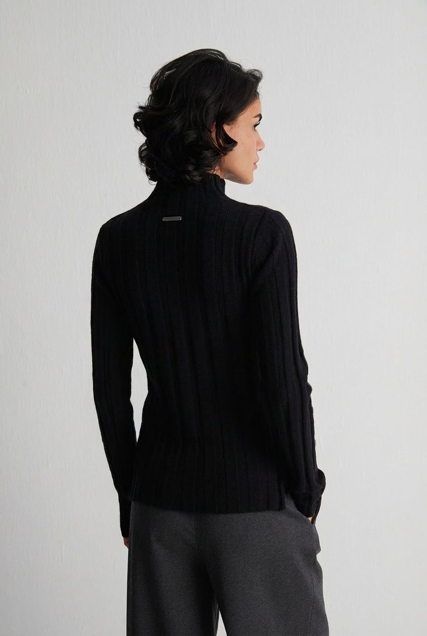 Siyah Maggie Saf Kaşmir Yarım Balıkçı Ribanalı Kazak