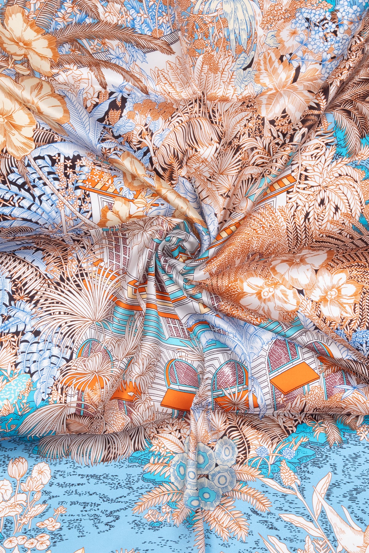 Mavi Sarı Lara Saf İpek Baskılı Eşarp 90x90 cm