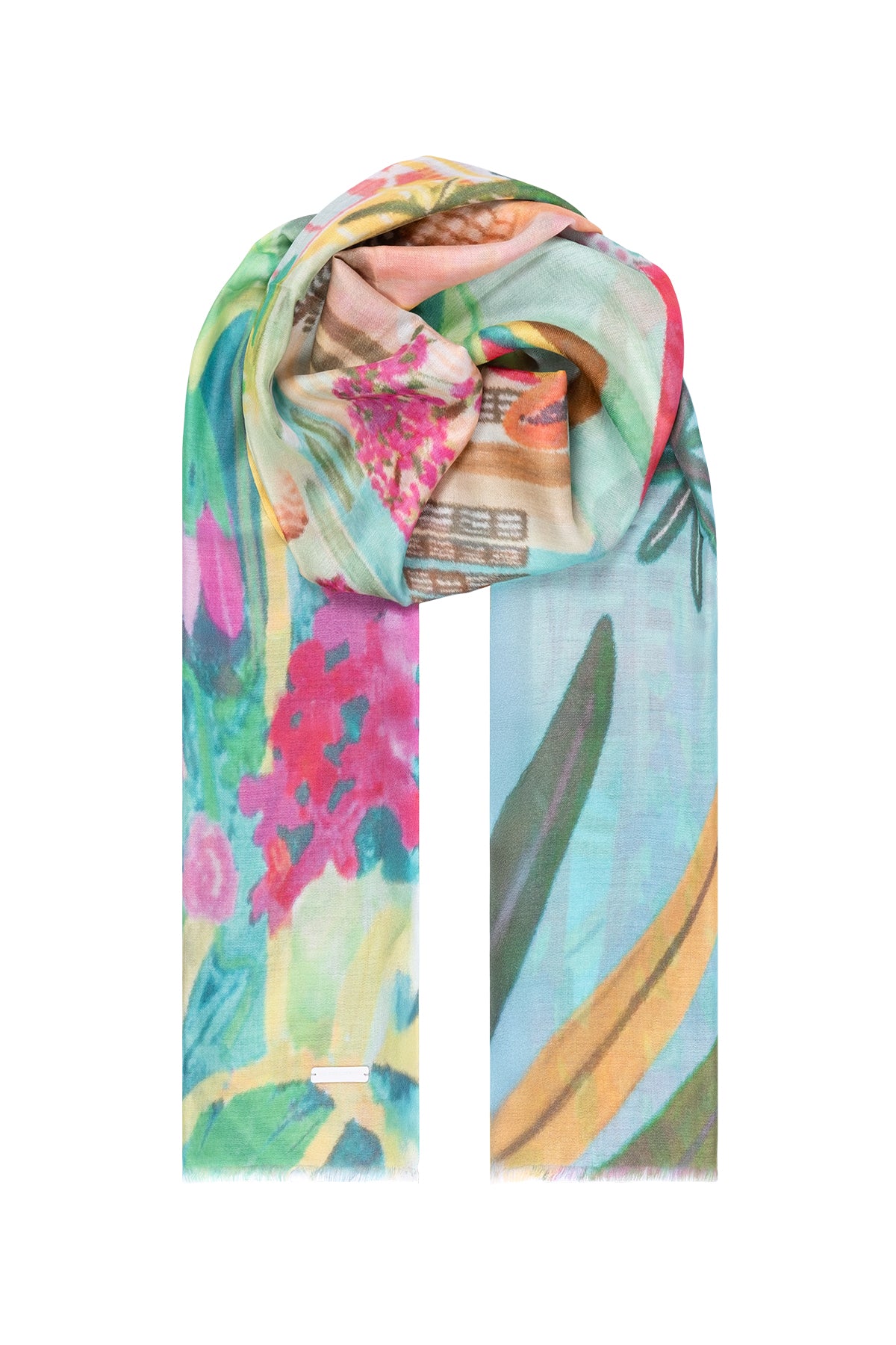 Mavi Jas İpekli Renkli Desenli Şal 70x180