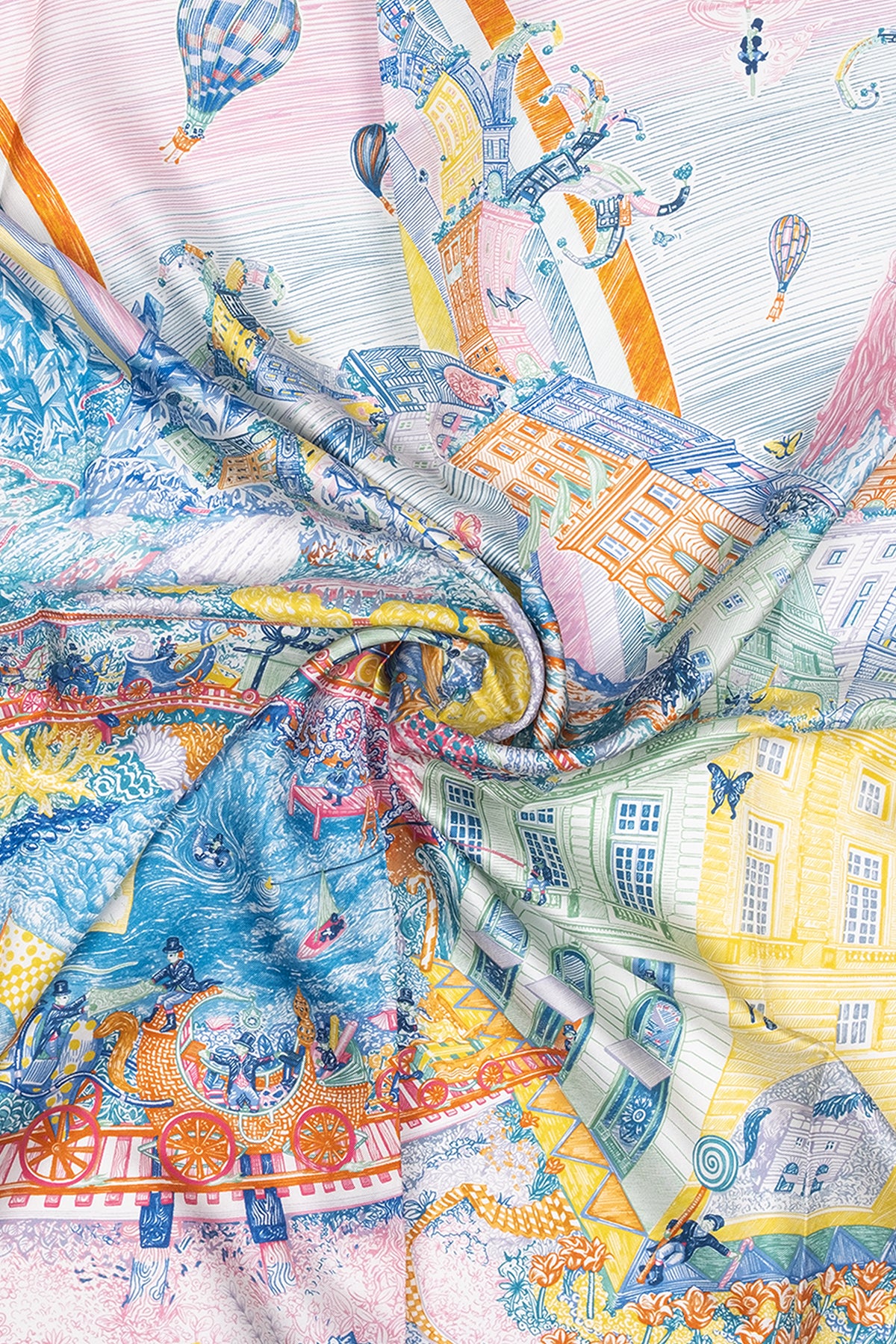 Pembe Mavi Lara Saf İpek Baskılı Eşarp 90x90 cm