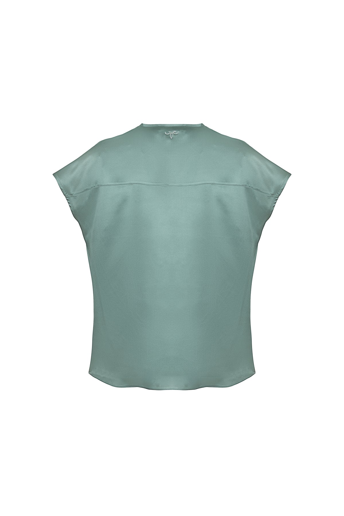Adaçayı Yeşili Monica Saf İpek V Yaka Kısa Kollu Bluz