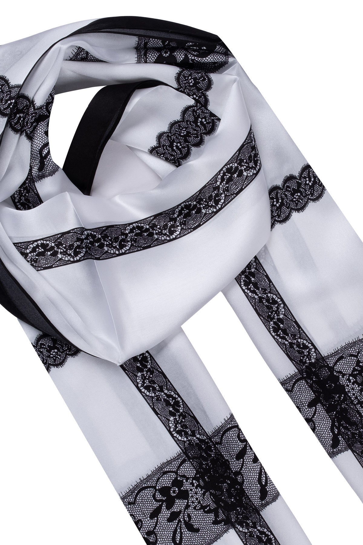 Siyah Beyaz Oblong Pure Silk Printed Scarf 55*170 24SMWL-105