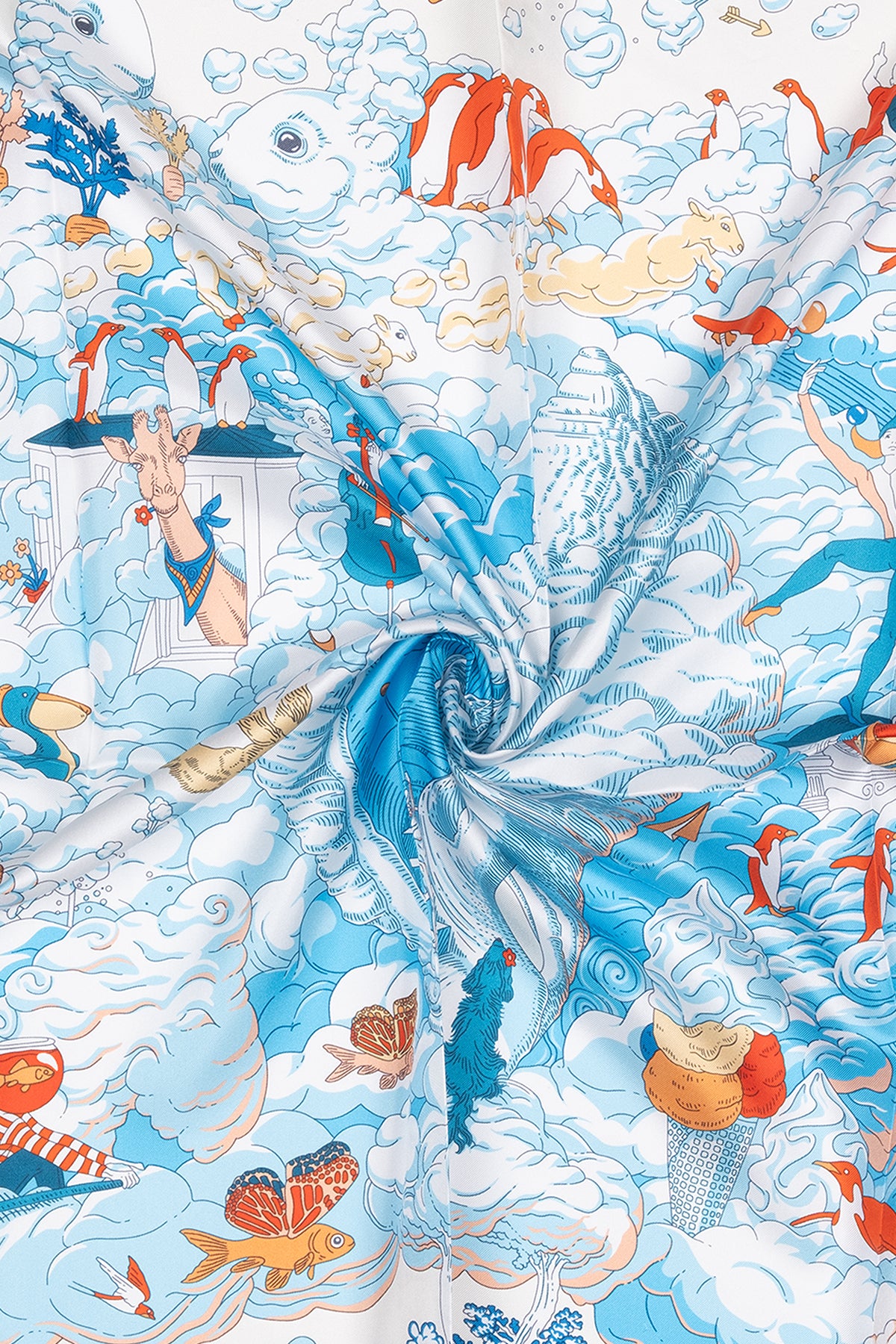 Açık Mavi Beyaz Lara Saf İpek Baskılı Eşarp 90x90 cm