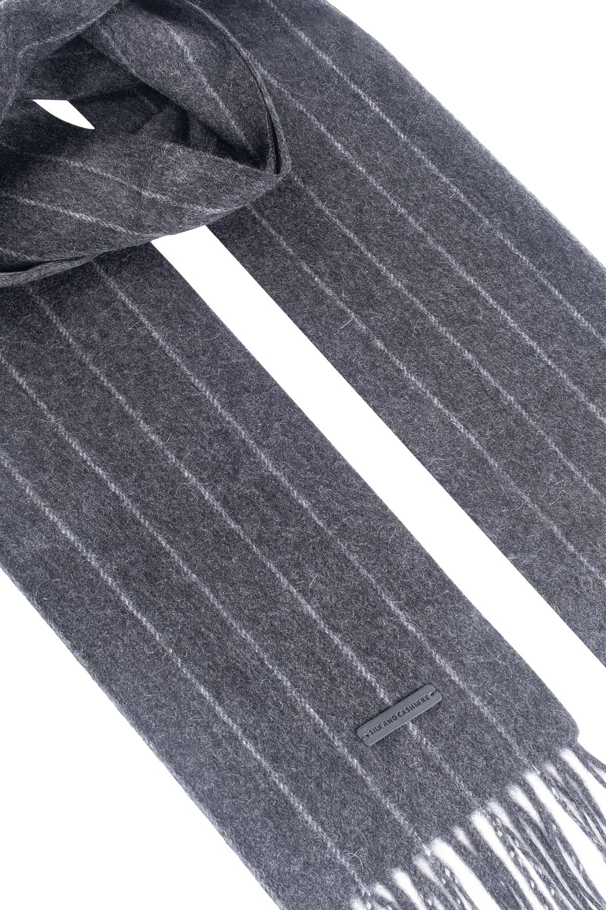 Gri Patrick Saf Kaşmir Çizgili Atkı 30x164 cm