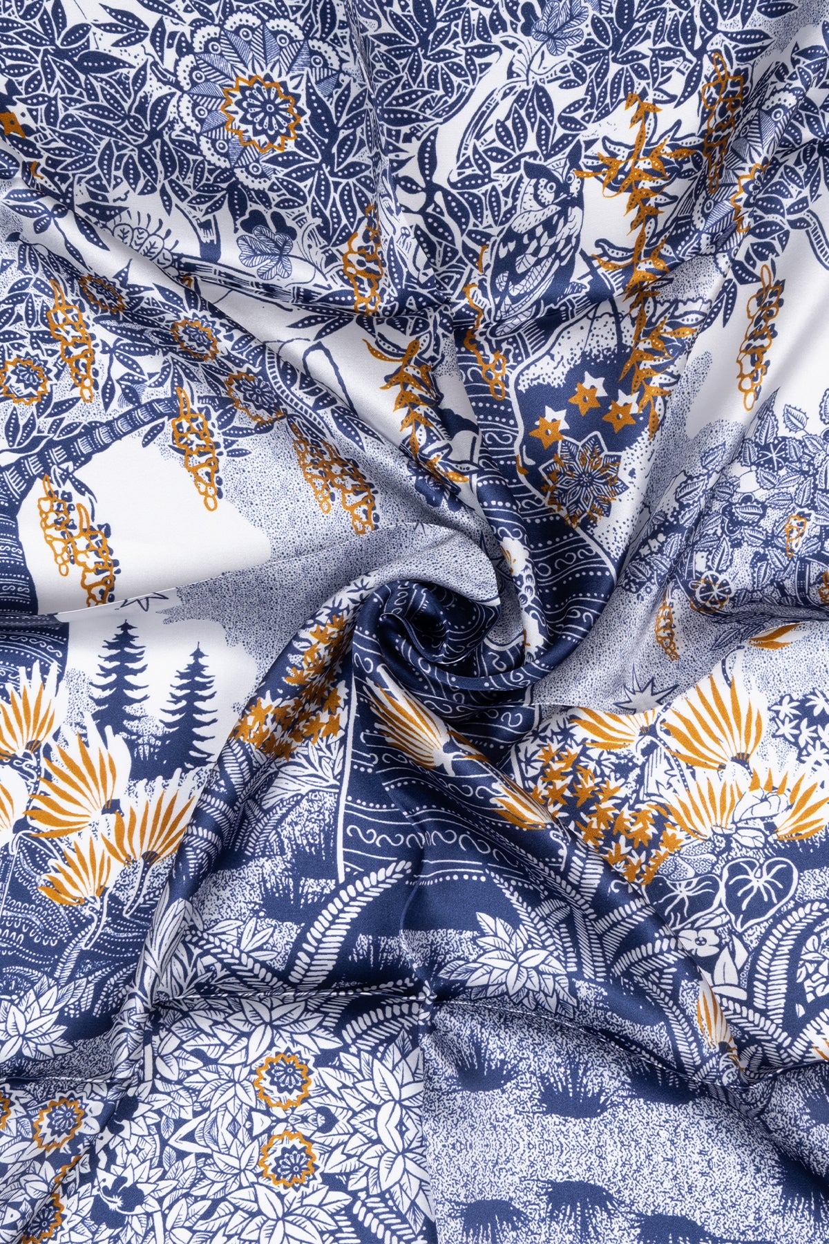 Camel Lacivert Lara Saf İpek Desenli Kare Eşarp 90x90 cm