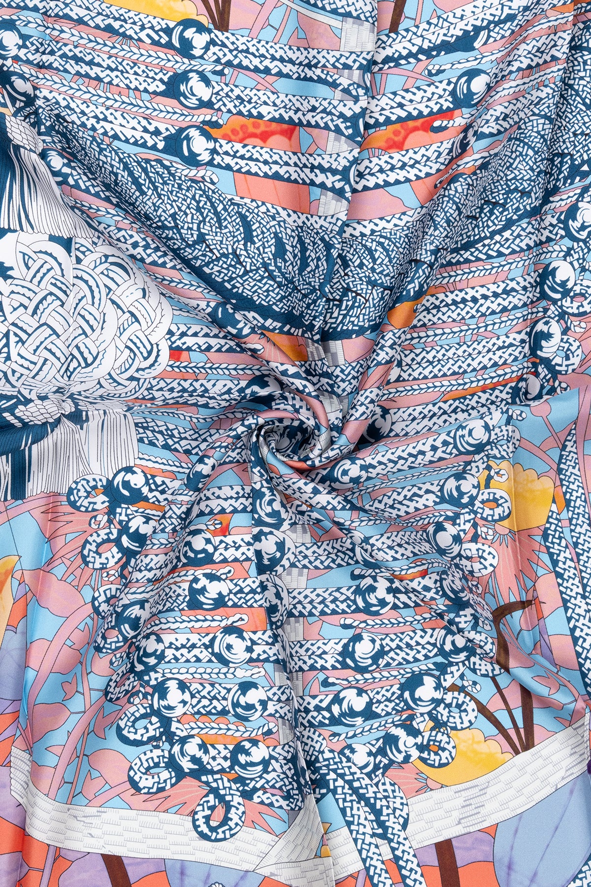 Mavi Sarı Lara Saf İpek Desenli Kare Eşarp 90x90 cm