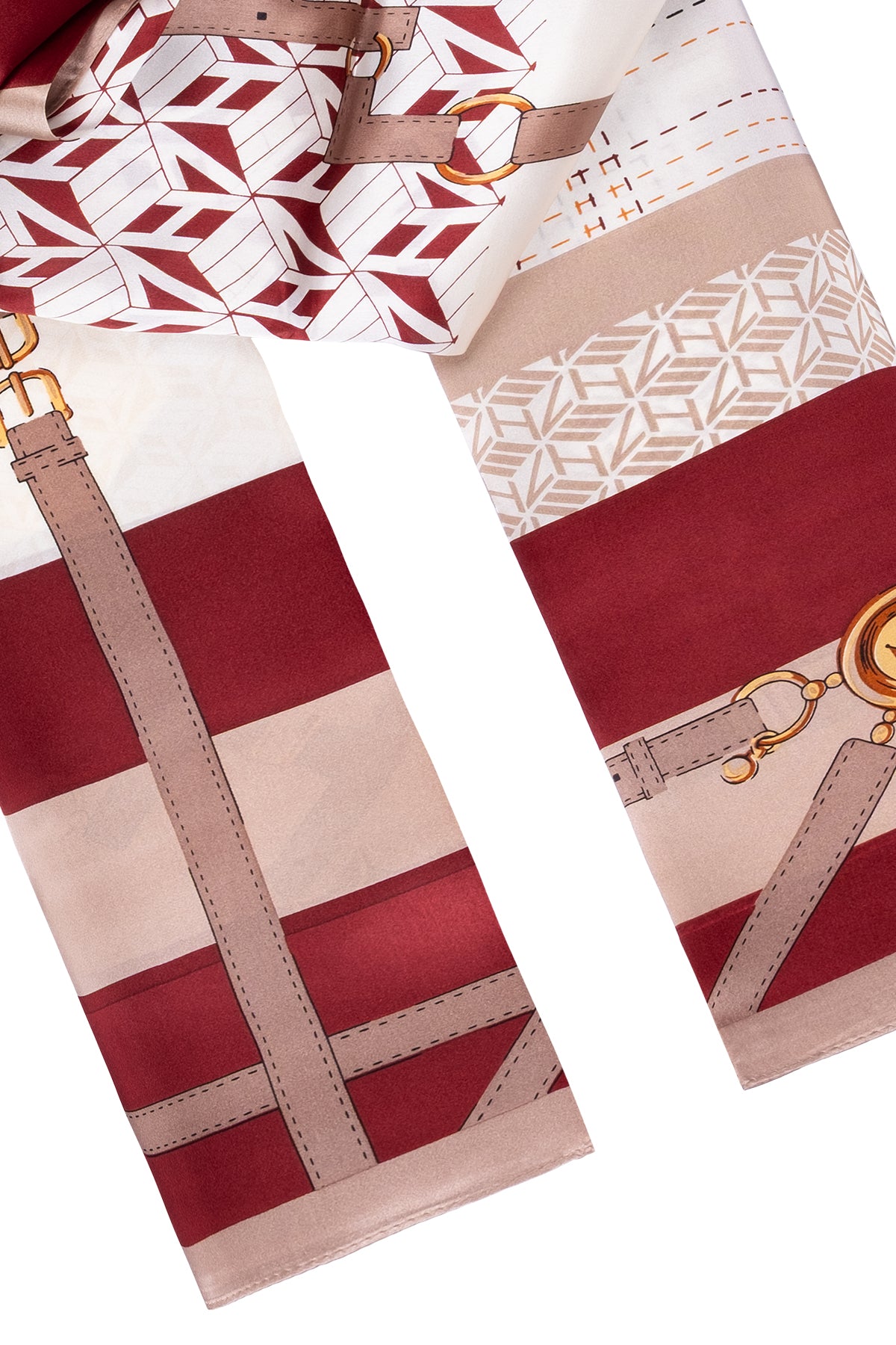 Bordo Bej Luciana İpek Desenli Fular 55x170 cm