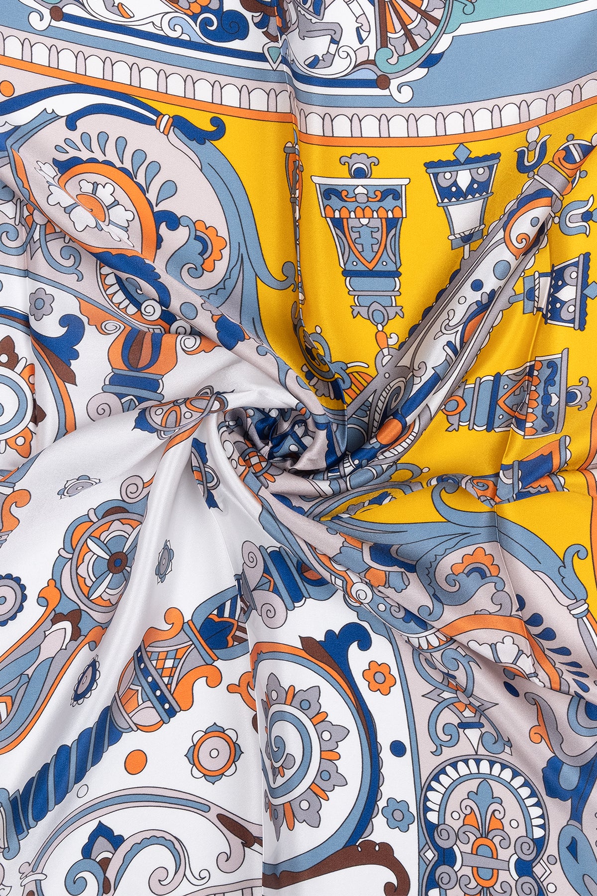 Kahve Mavi Lara Saf İpek Baskılı Eşarp 90x90 cm