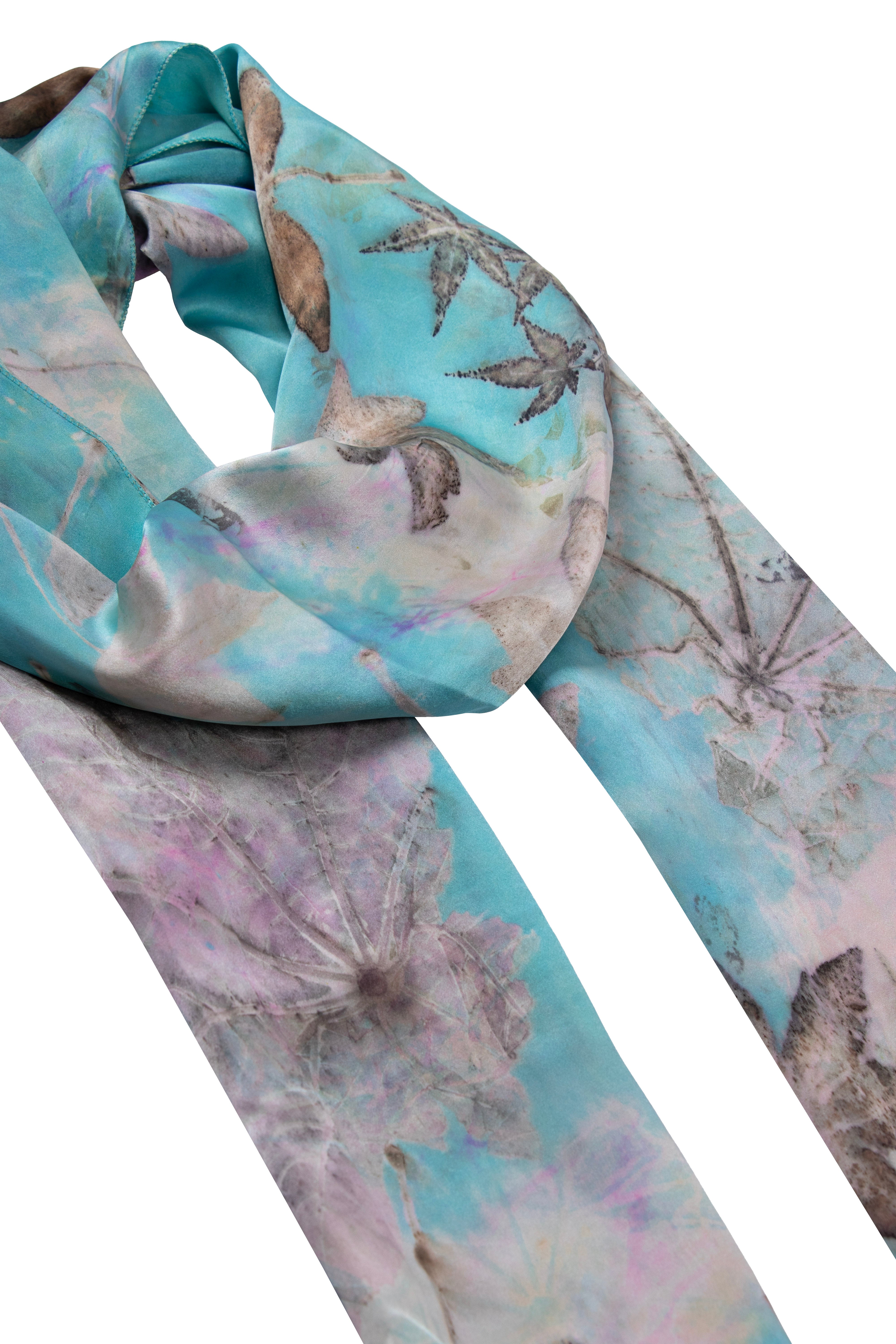 Açık Mavi Saf İpek El Baskısı Ekolojik Şal 90 x 200 cm