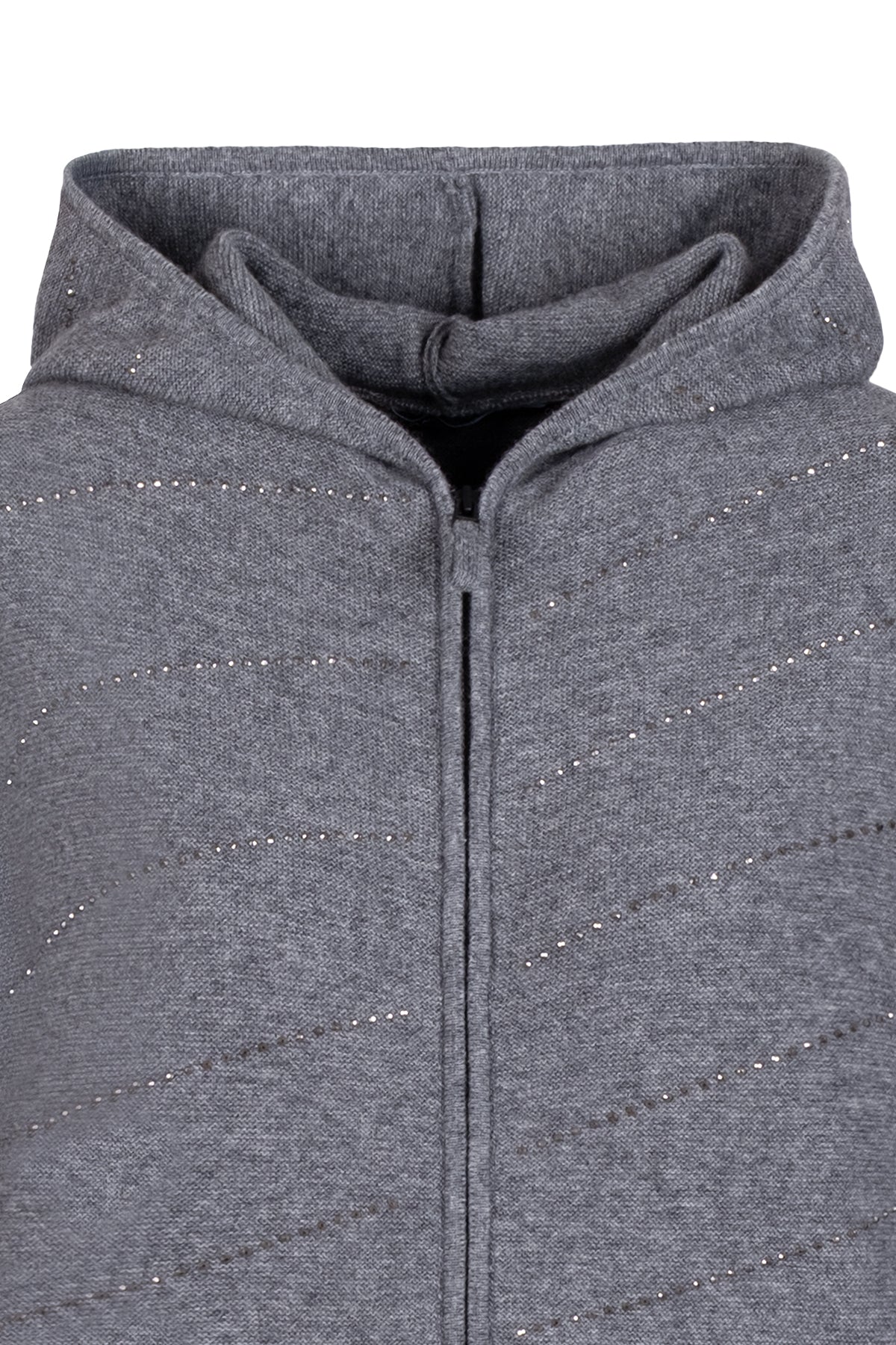 Gri Sky Kaşmirli Taşlı Kapüşonlu Hırka