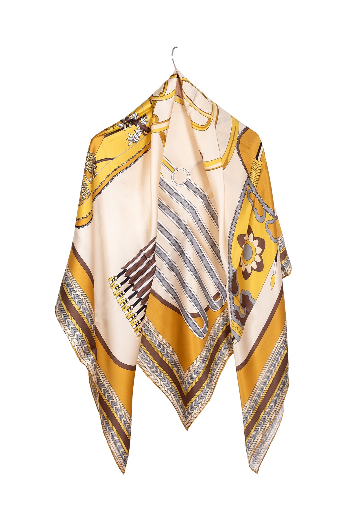Sarı Lina Saf İpek Baskılı Şal 140x140cm