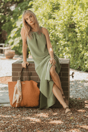 Yeşil Cassandra Pamuk Arka Yaka Fiyonk Detaylı Elbise