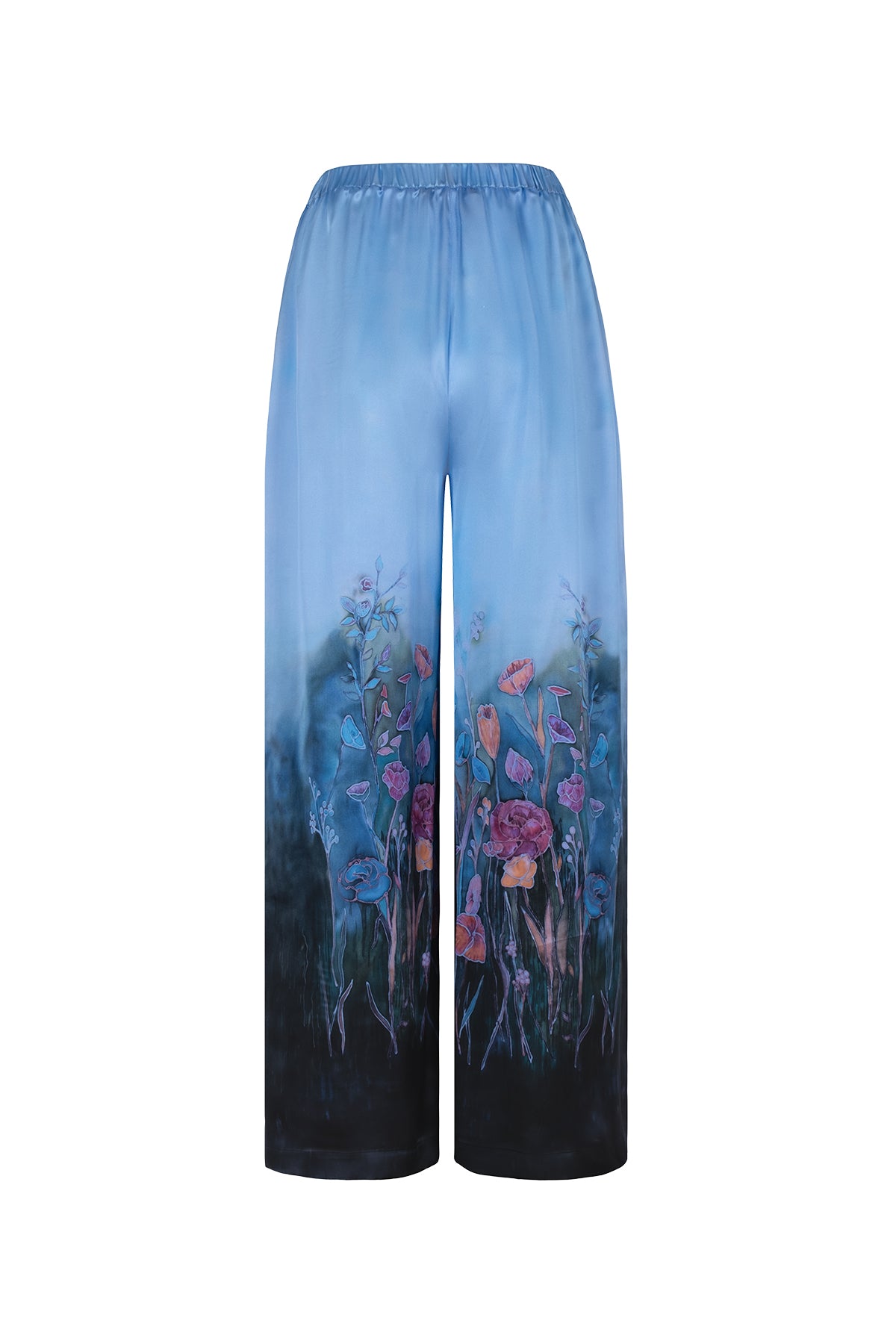 Lacivert Nature Desenli Saf İpek Pantolon -Limited Edition