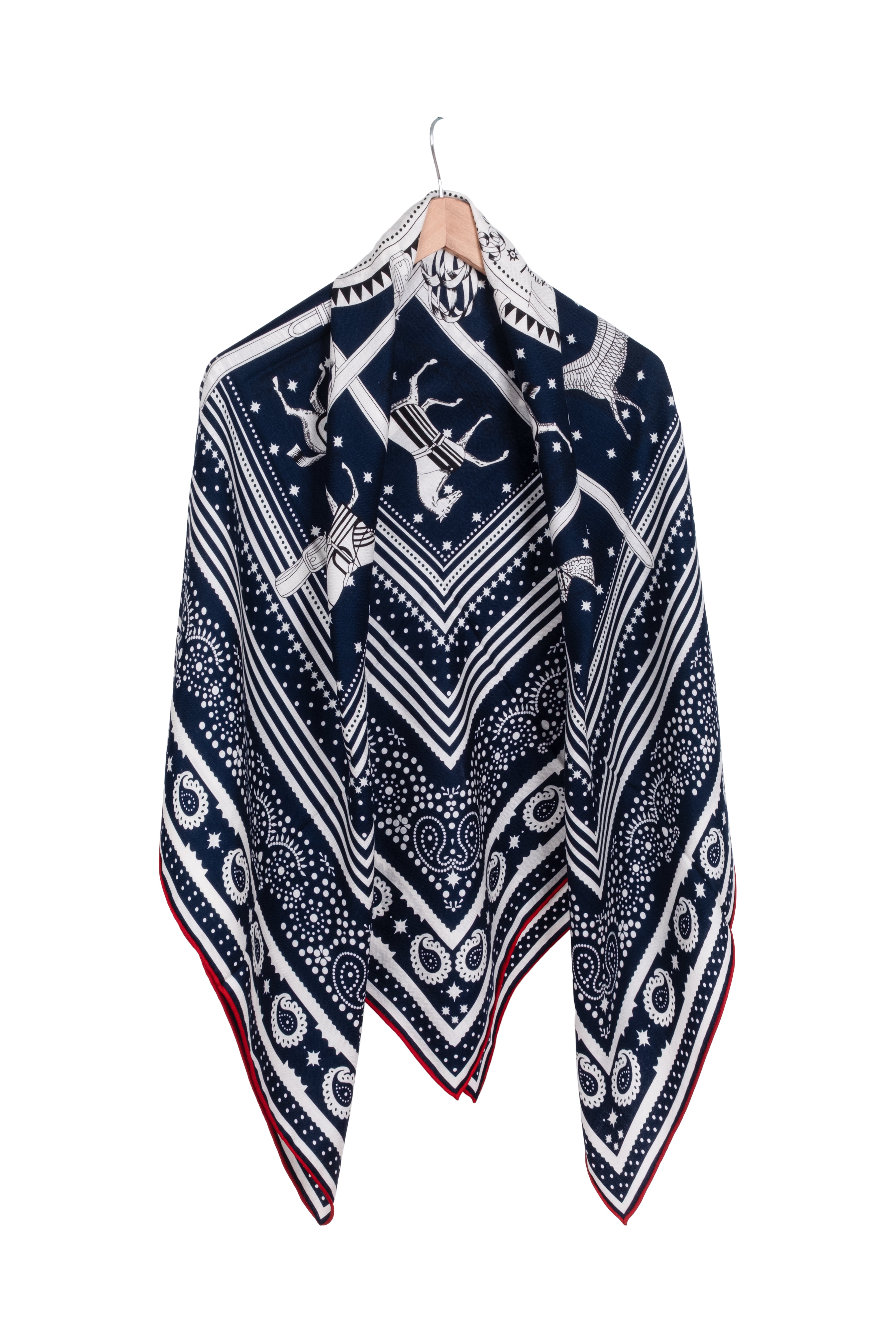 Kırmızı Lacivert Linda Saf Kaşmir Desenli Kare Eşarp 140x140 cm